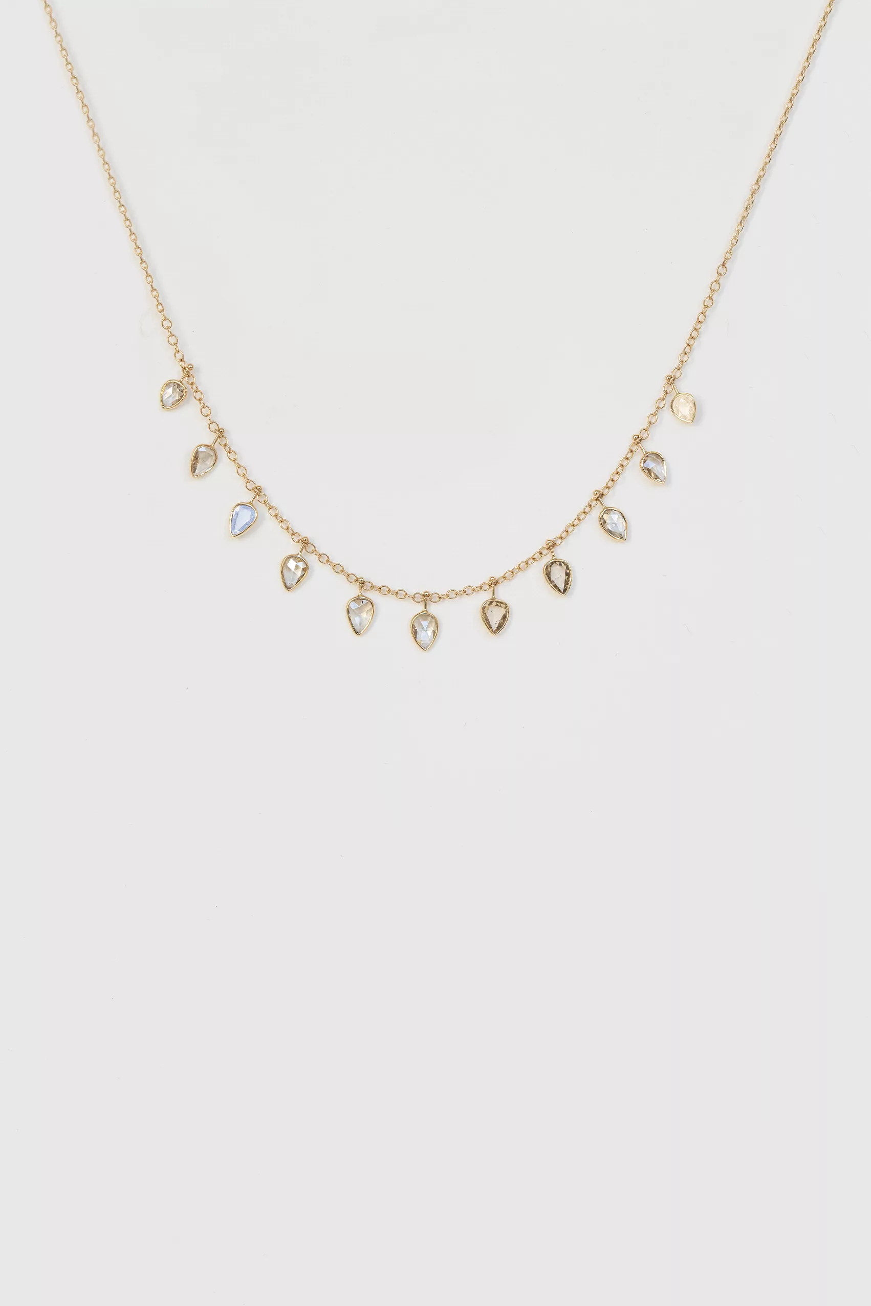 Yellow gold necklace multiple rosecut diamond pear drops curved chain Celine Daoust