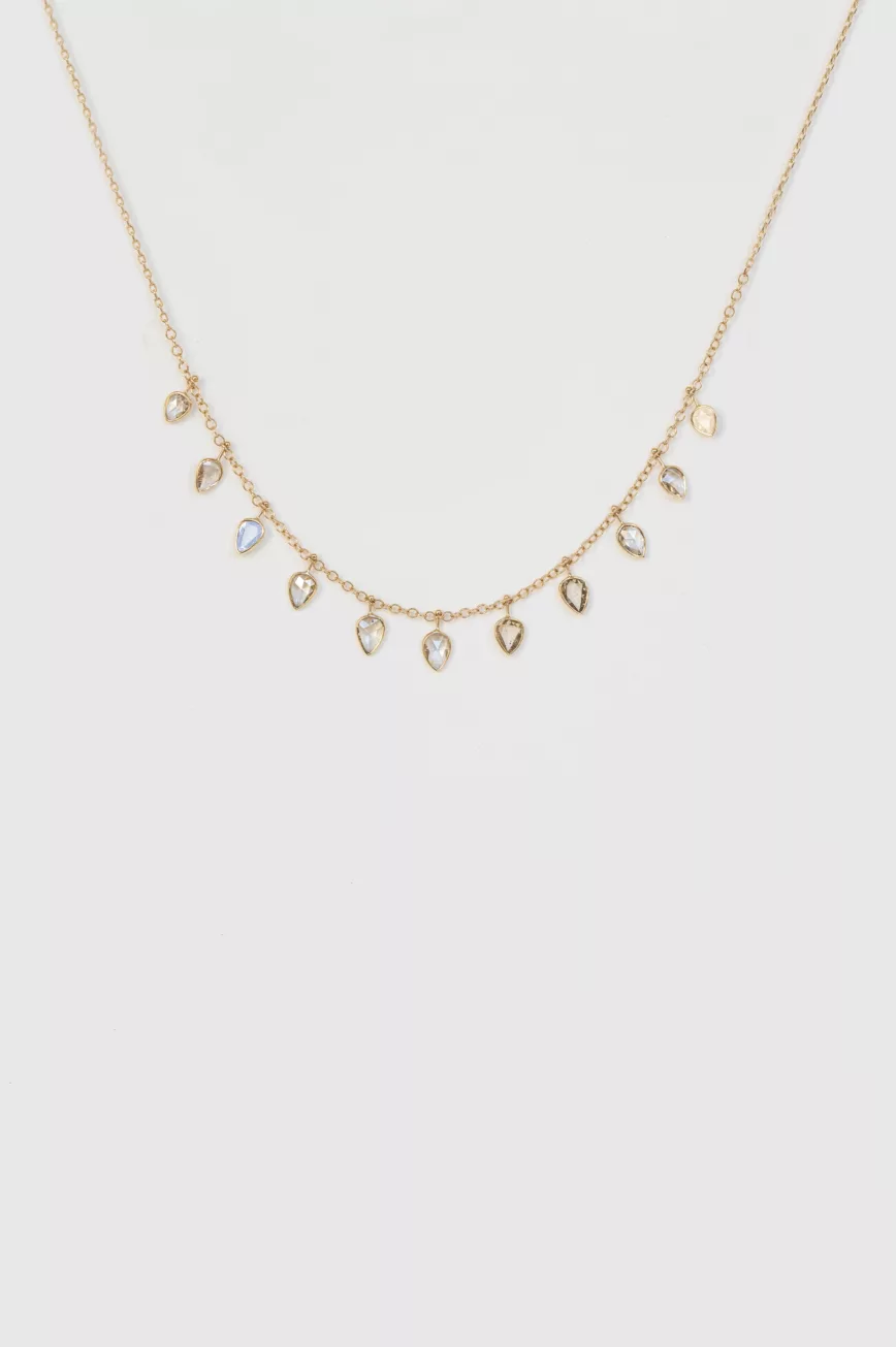 Yellow gold necklace multiple rosecut diamond pear drops curved chain Celine Daoust