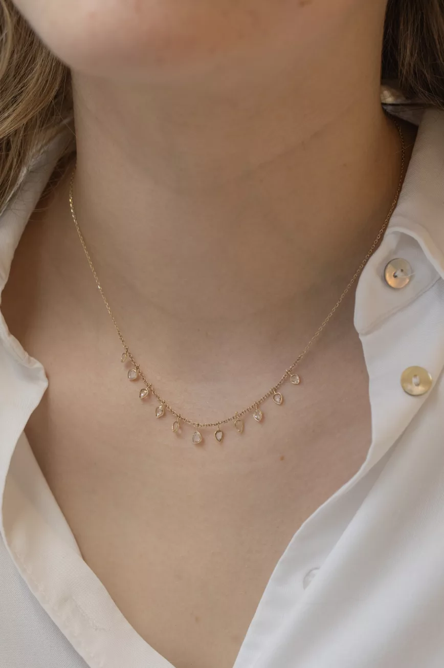 Yellow gold necklace multiple rosecut diamond pear drops curved chain Celine Daoust