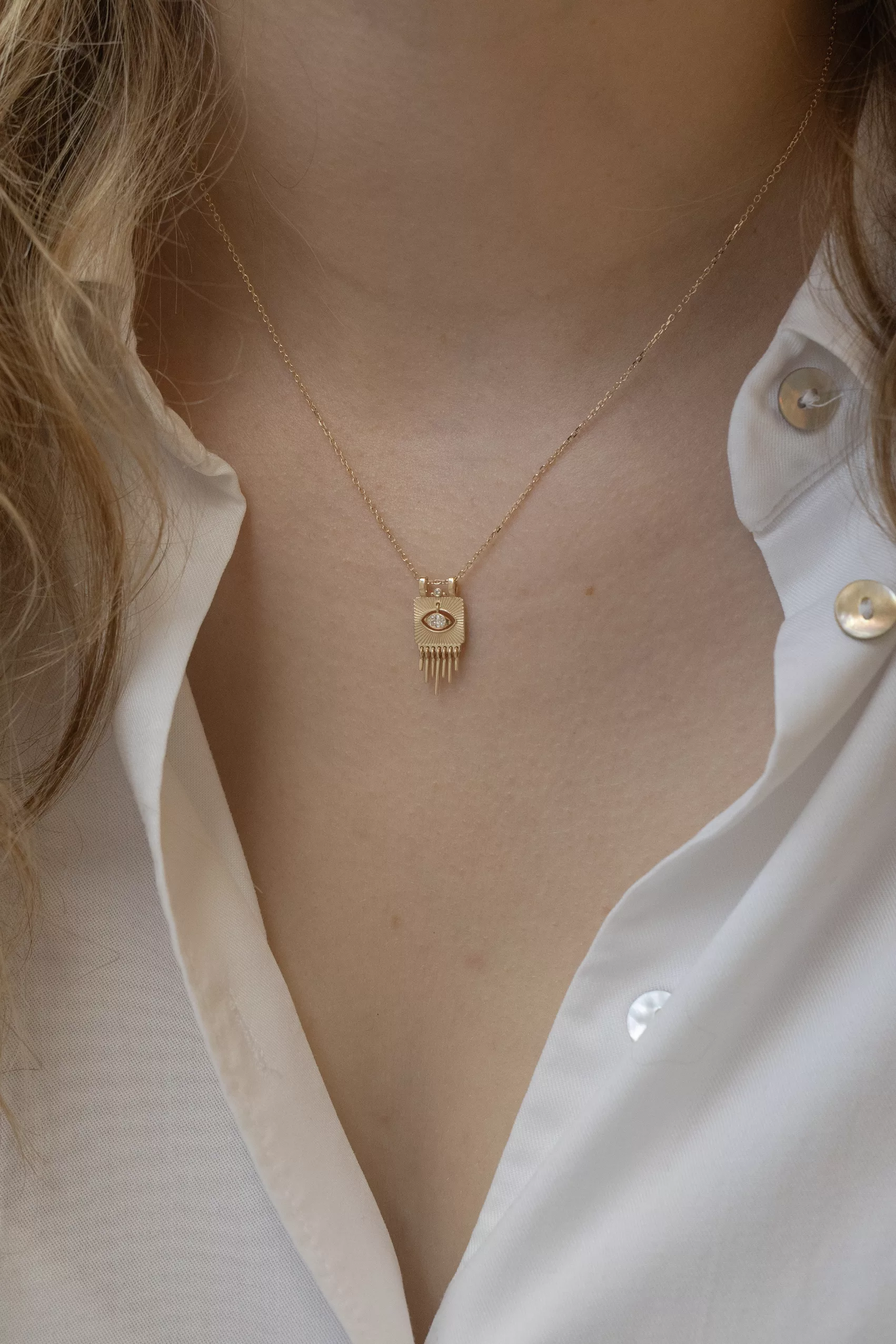 Yellow gold necklace solid plate pendant engraved sunbeams dangling eye diamond chain Celine Daoust