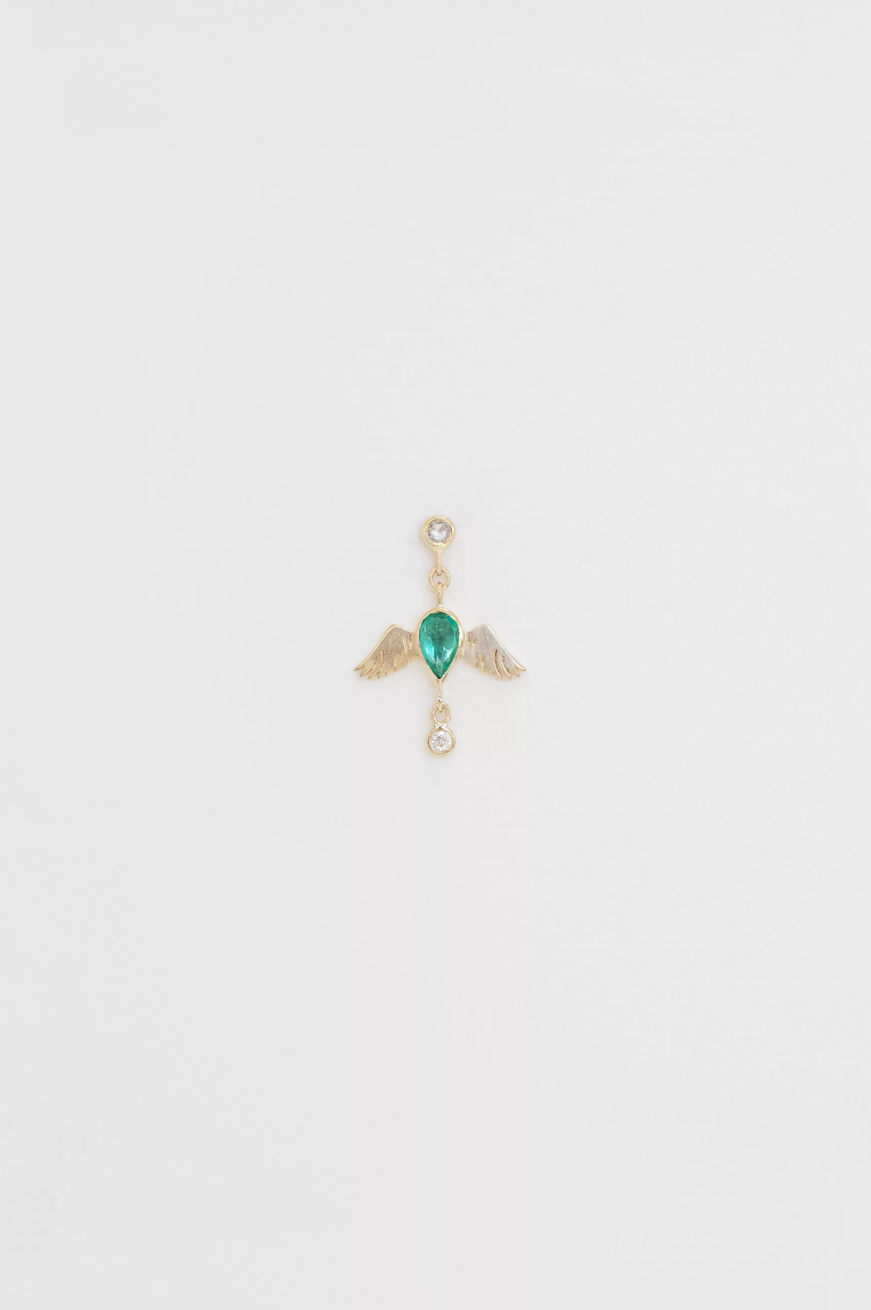 Yellow gold single drop earring sculpted bird motif pear emerald diamond accent Celine Daoust