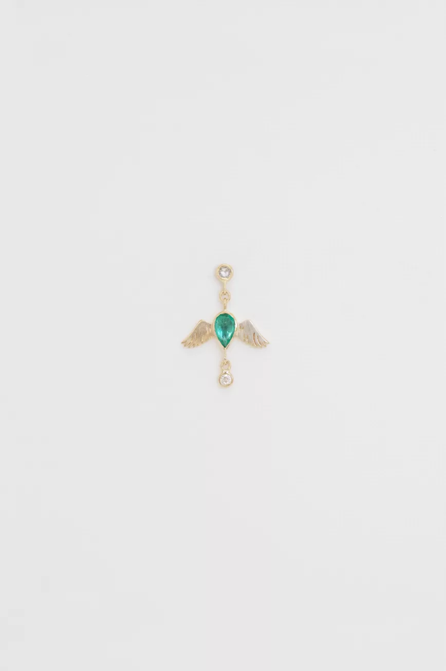 Yellow gold single drop earring sculpted bird motif pear emerald diamond accent Celine Daoust