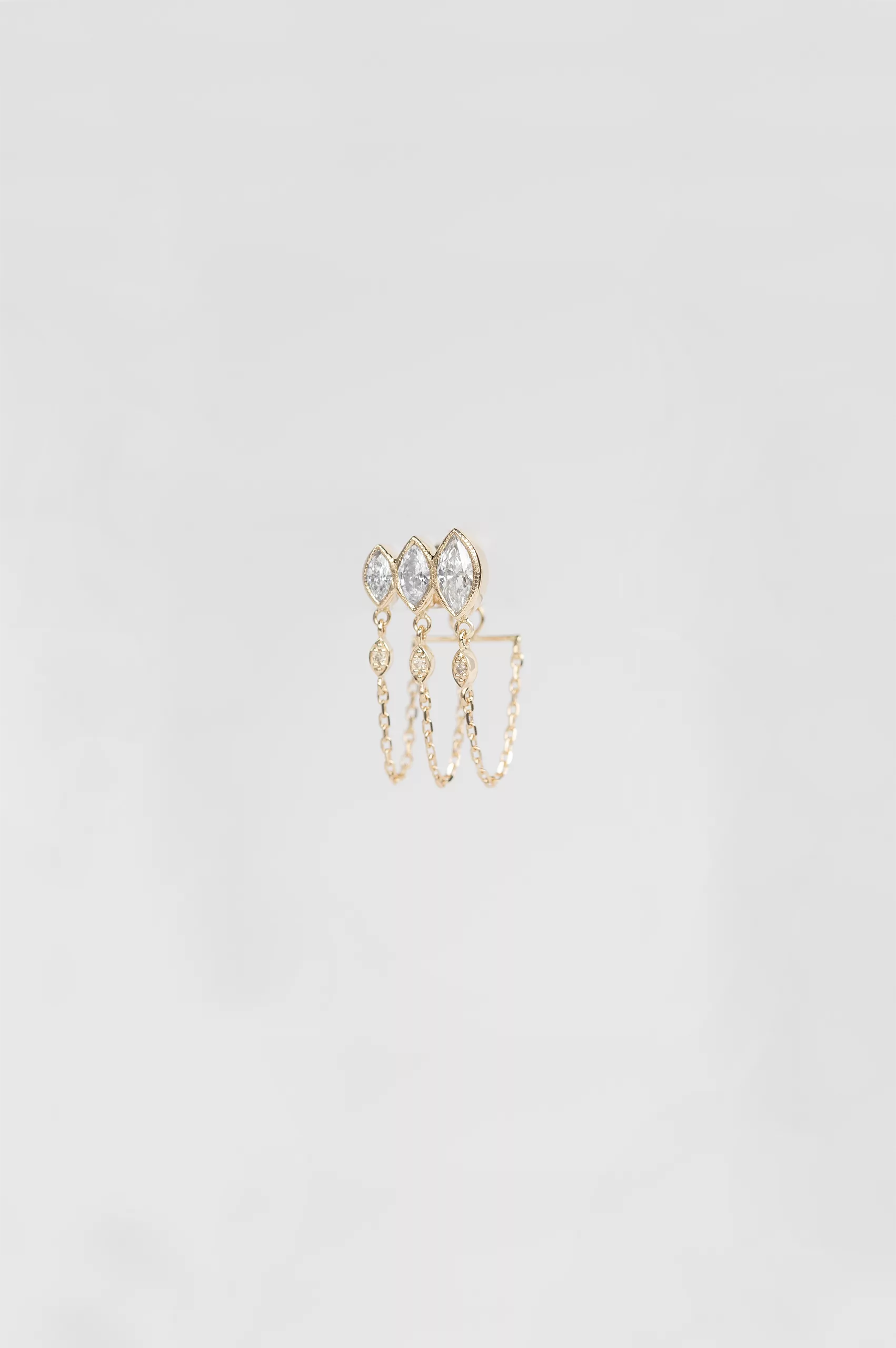 Gold single earring triple marquise diamond drops chain fringe Celine Daoust