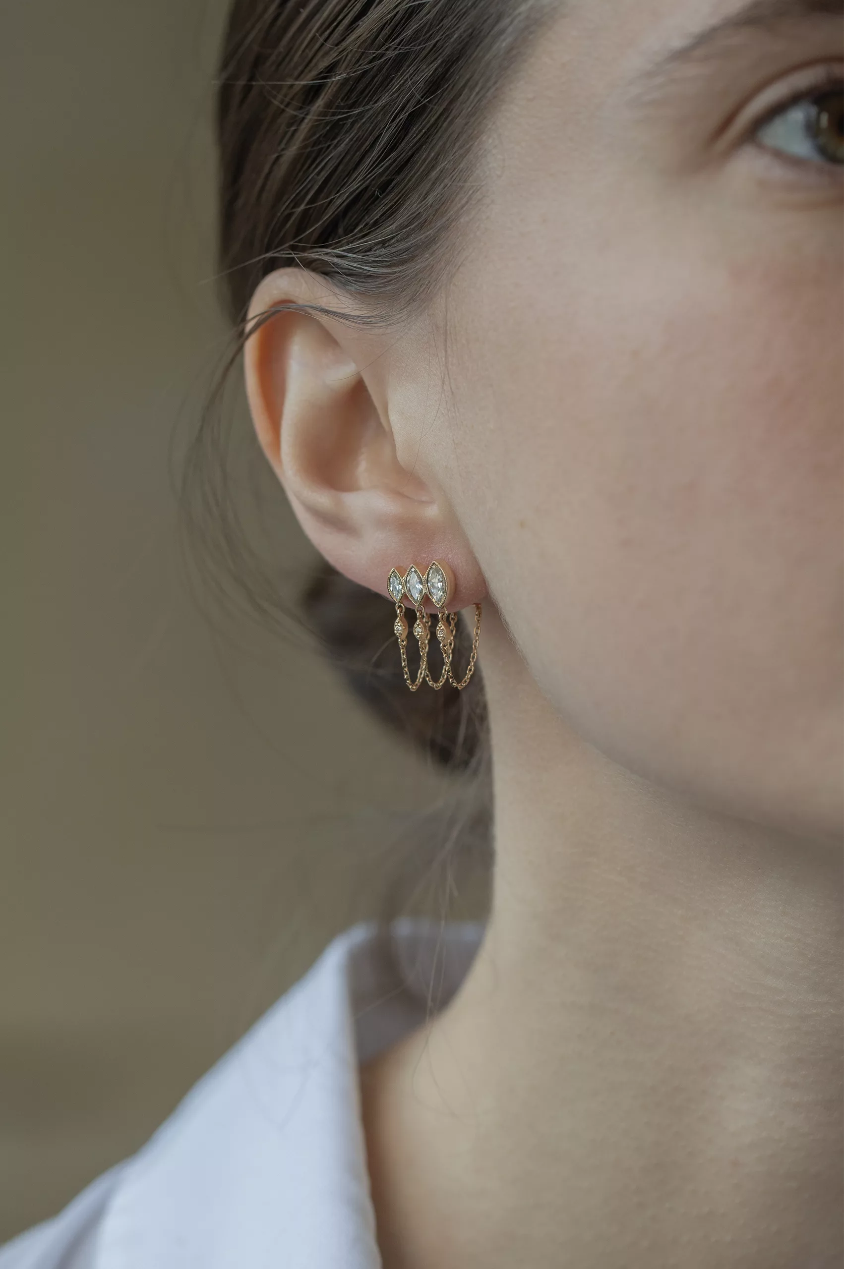 Gold single earring triple marquise diamond drops chain fringe Celine Daoust