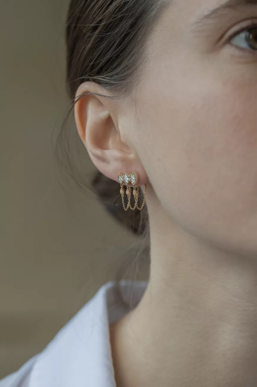 Gold single earring triple marquise diamond drops chain fringe Celine Daoust