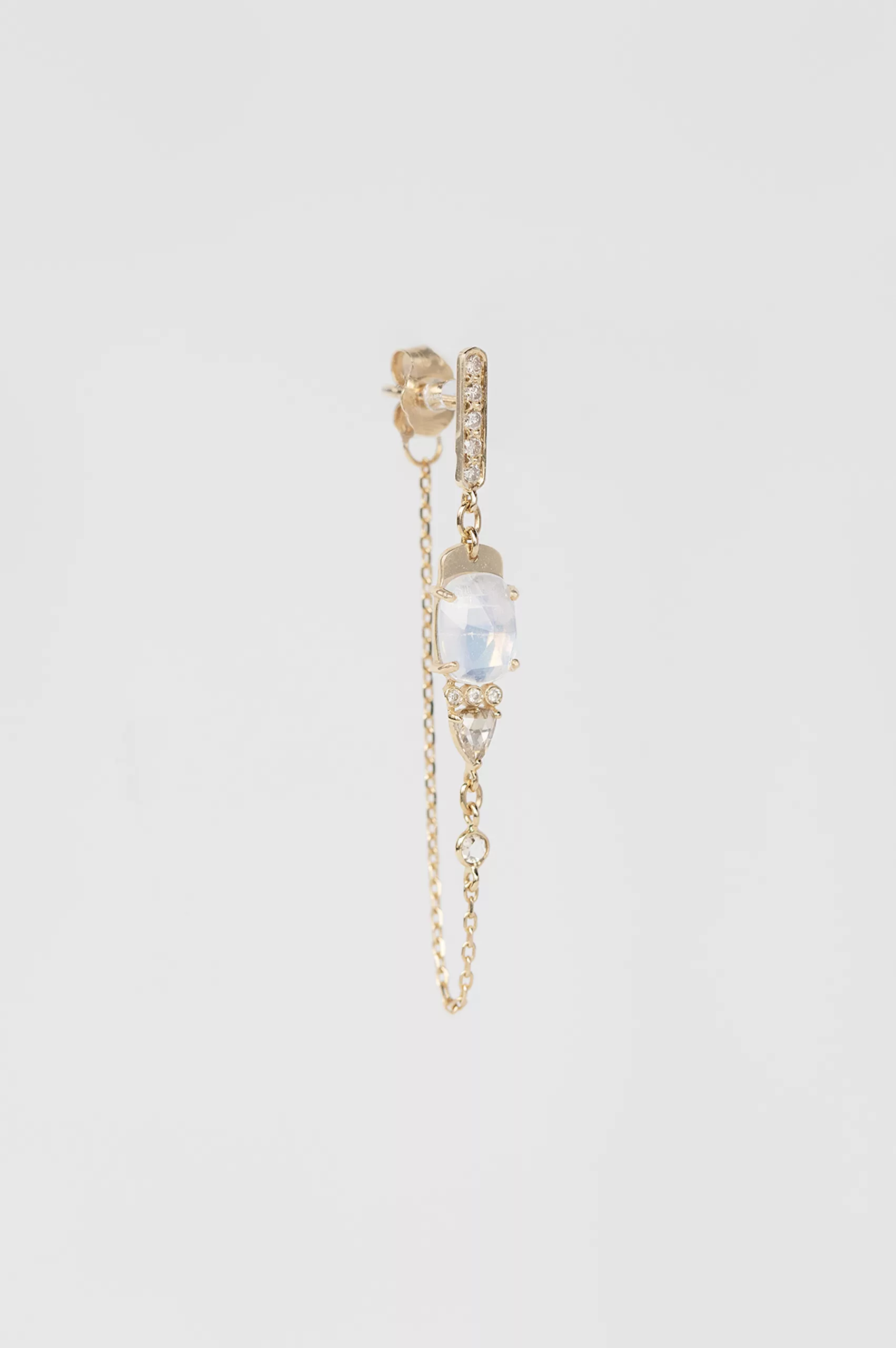 Yellow gold single long chain earring oval moonstone dangling diamond point drop Celine Daoust