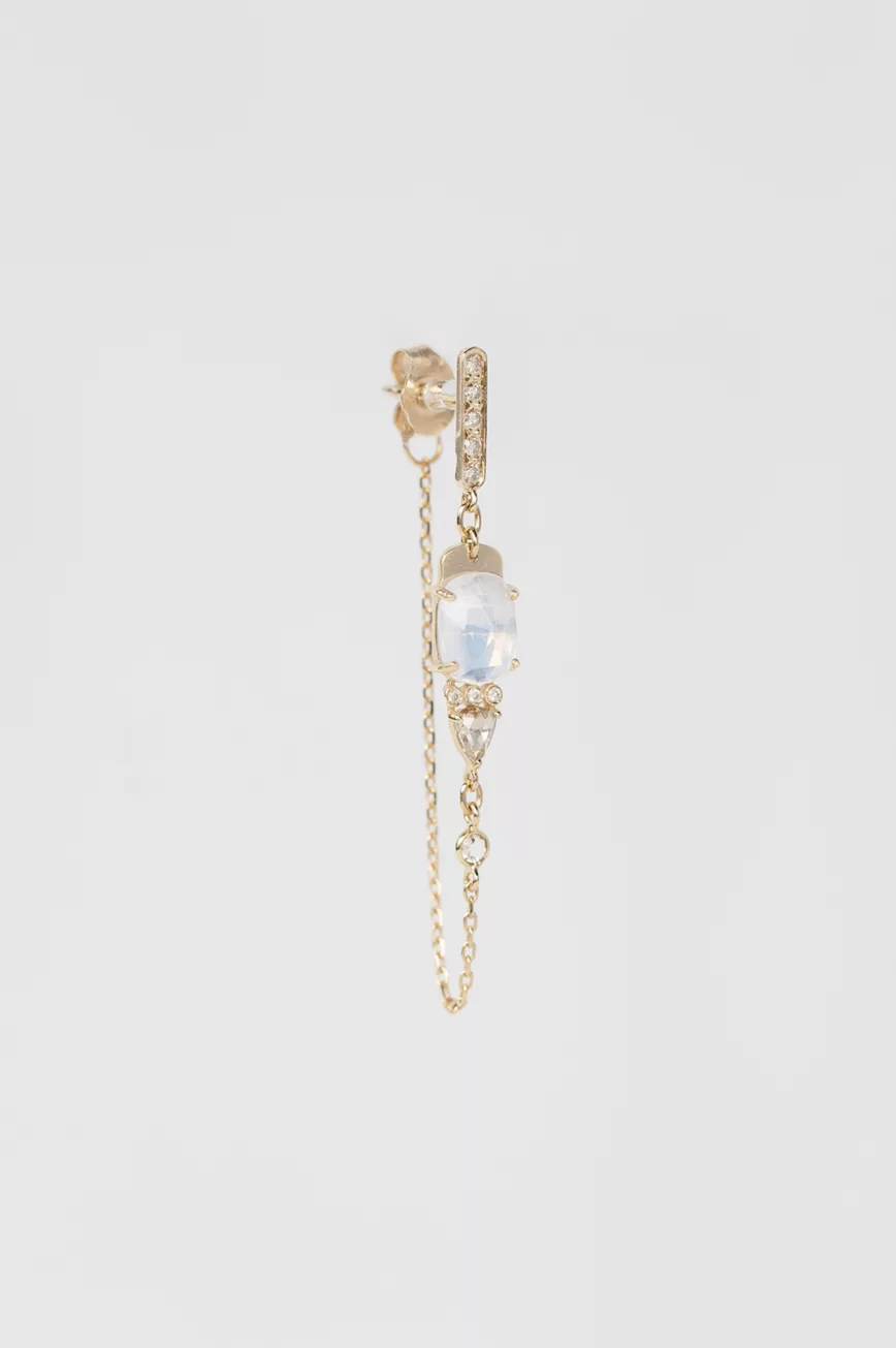 Yellow gold single long chain earring oval moonstone dangling diamond point drop Celine Daoust
