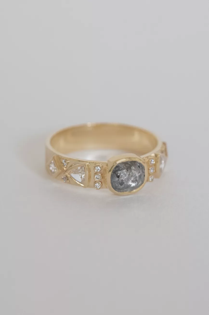 Gold band ring oval grey diamond triangle diamond side accents Celine Daoust