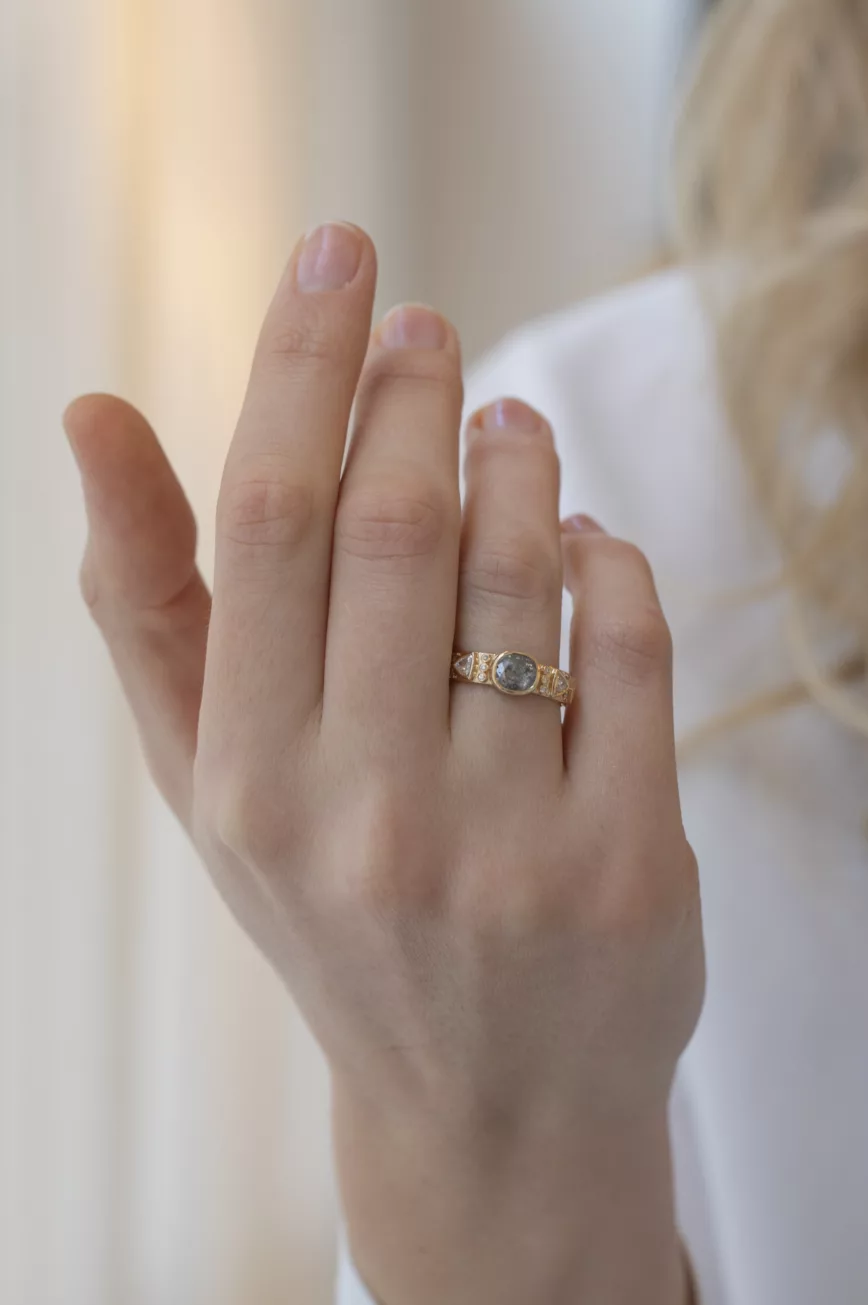 Gold band ring oval grey diamond triangle diamond side accents Celine Daoust