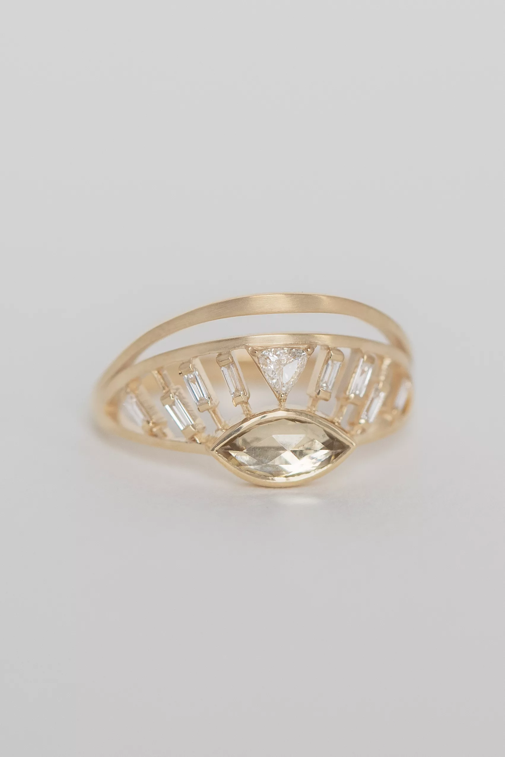 Yellow gold open ring marquise light yellow tourmaline baguette diamond crown motif Celine Daoust