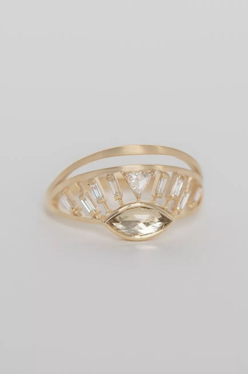 Yellow gold open ring marquise light yellow tourmaline baguette diamond crown motif Celine Daoust