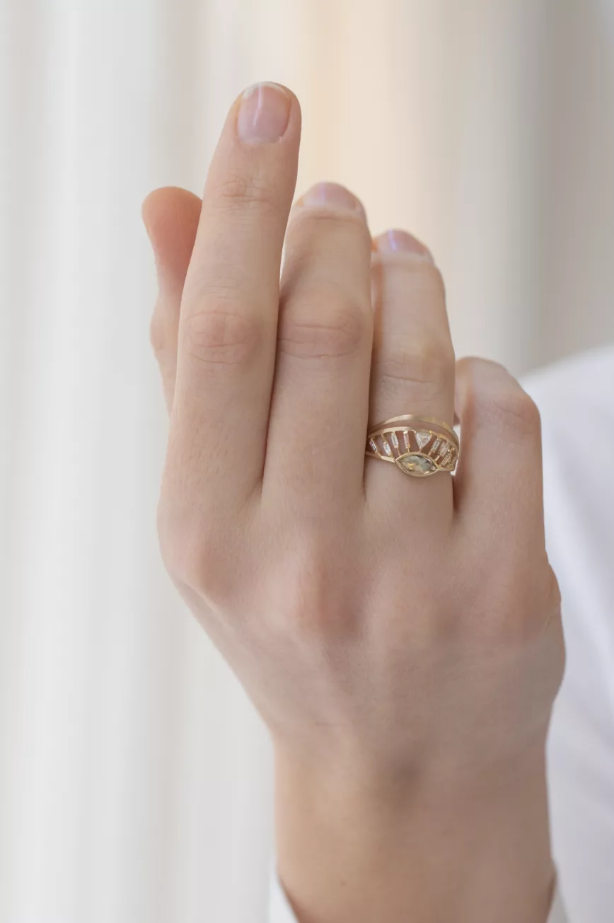 Yellow gold open ring marquise light yellow tourmaline baguette diamond crown motif Celine Daoust