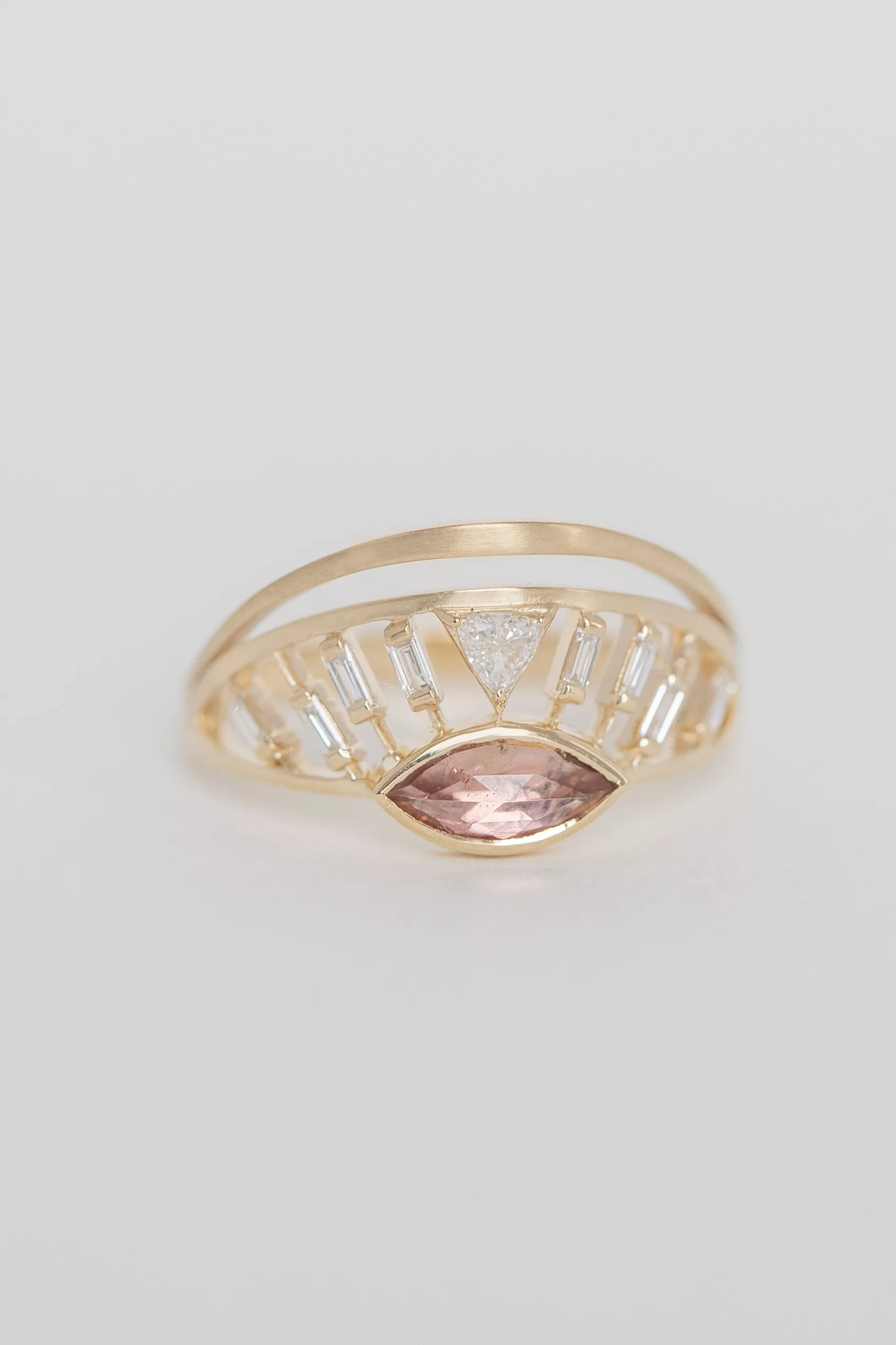 Yellow gold open ring marquise peach pink tourmaline baguette diamond crown motif Celine Daoust