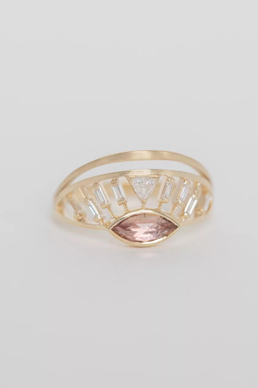 Yellow gold open ring marquise peach pink tourmaline baguette diamond crown motif Celine Daoust
