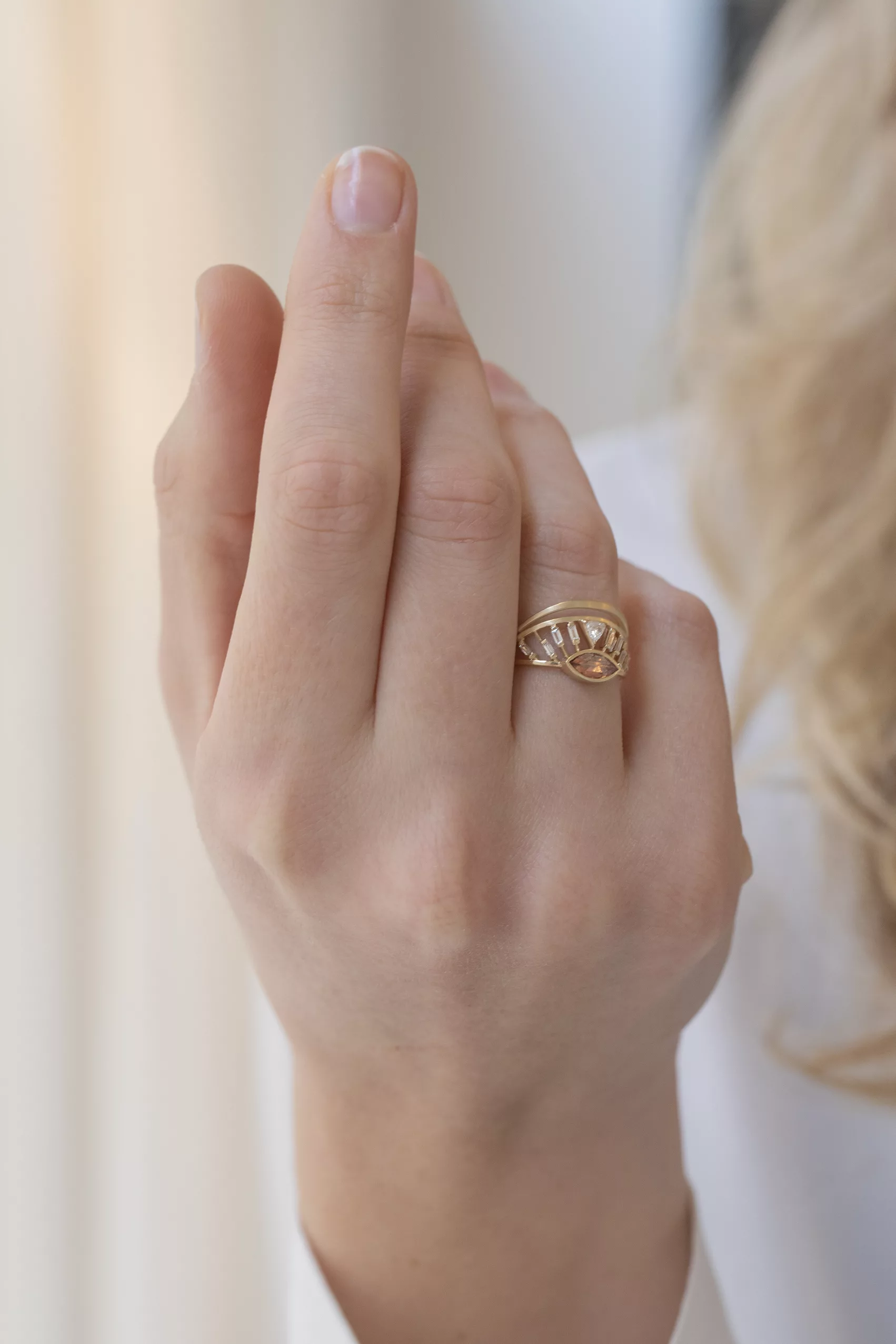 Yellow gold open ring marquise peach pink tourmaline baguette diamond crown motif Celine Daoust