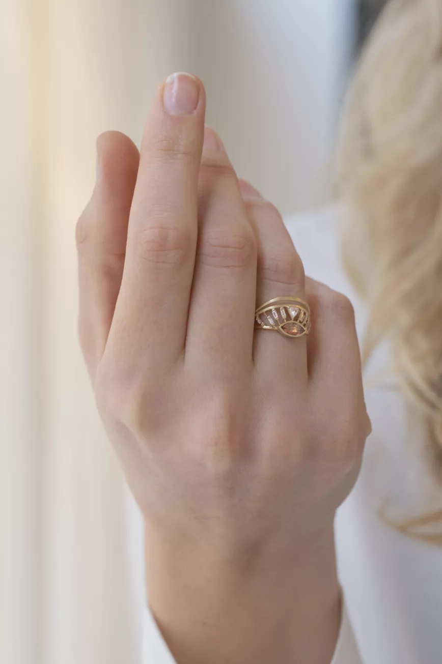 Yellow gold open ring marquise peach pink tourmaline baguette diamond crown motif Celine Daoust