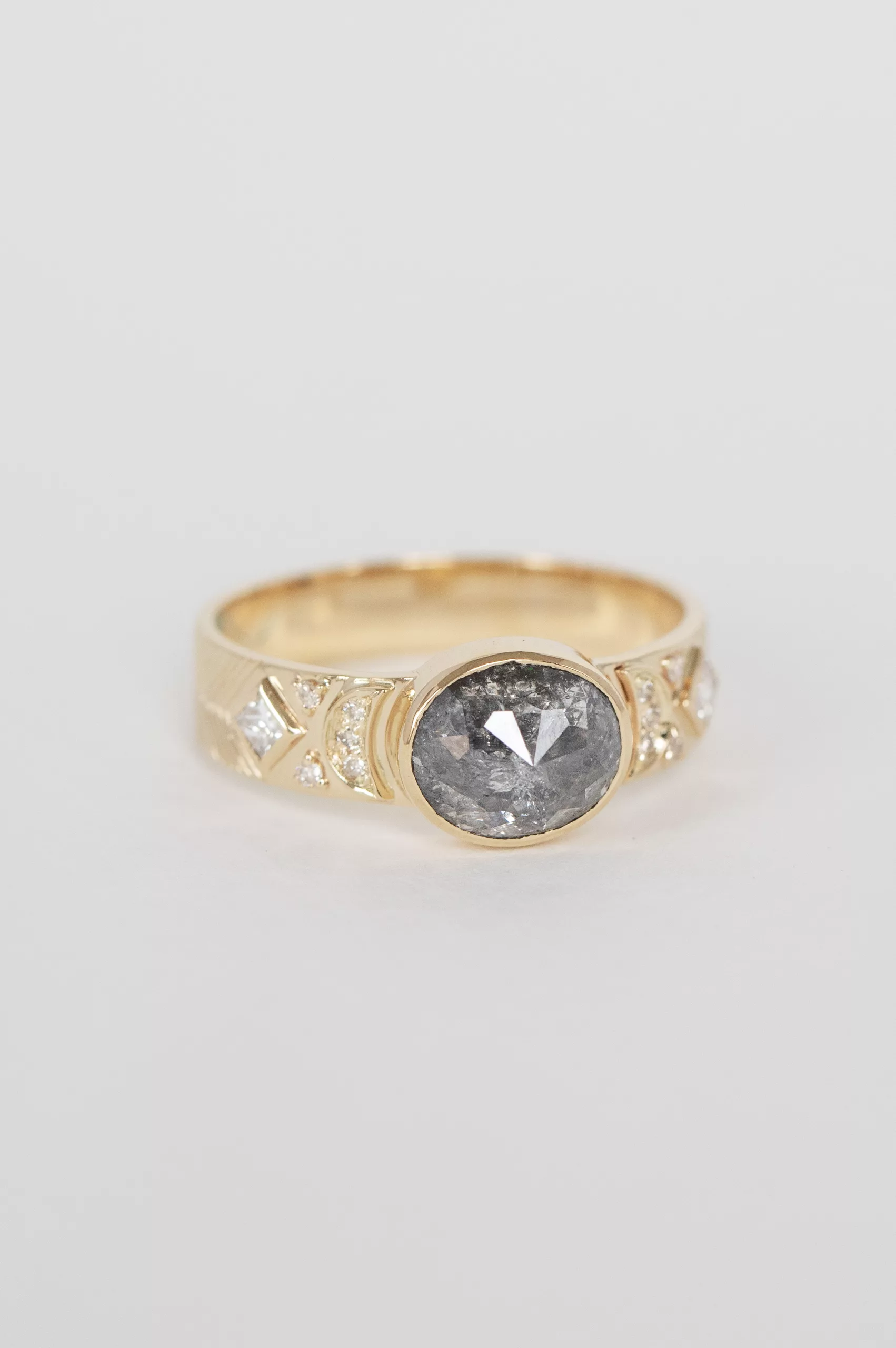 Yellow gold wide band ring oval grey diamond crescent moon square diamond accents Celine Daoust
