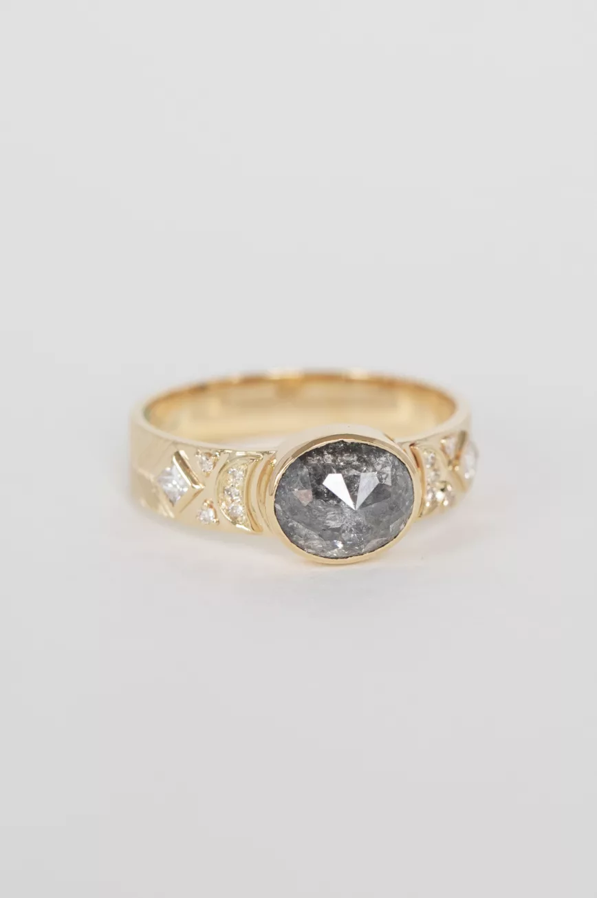 Yellow gold wide band ring oval grey diamond crescent moon square diamond accents Celine Daoust