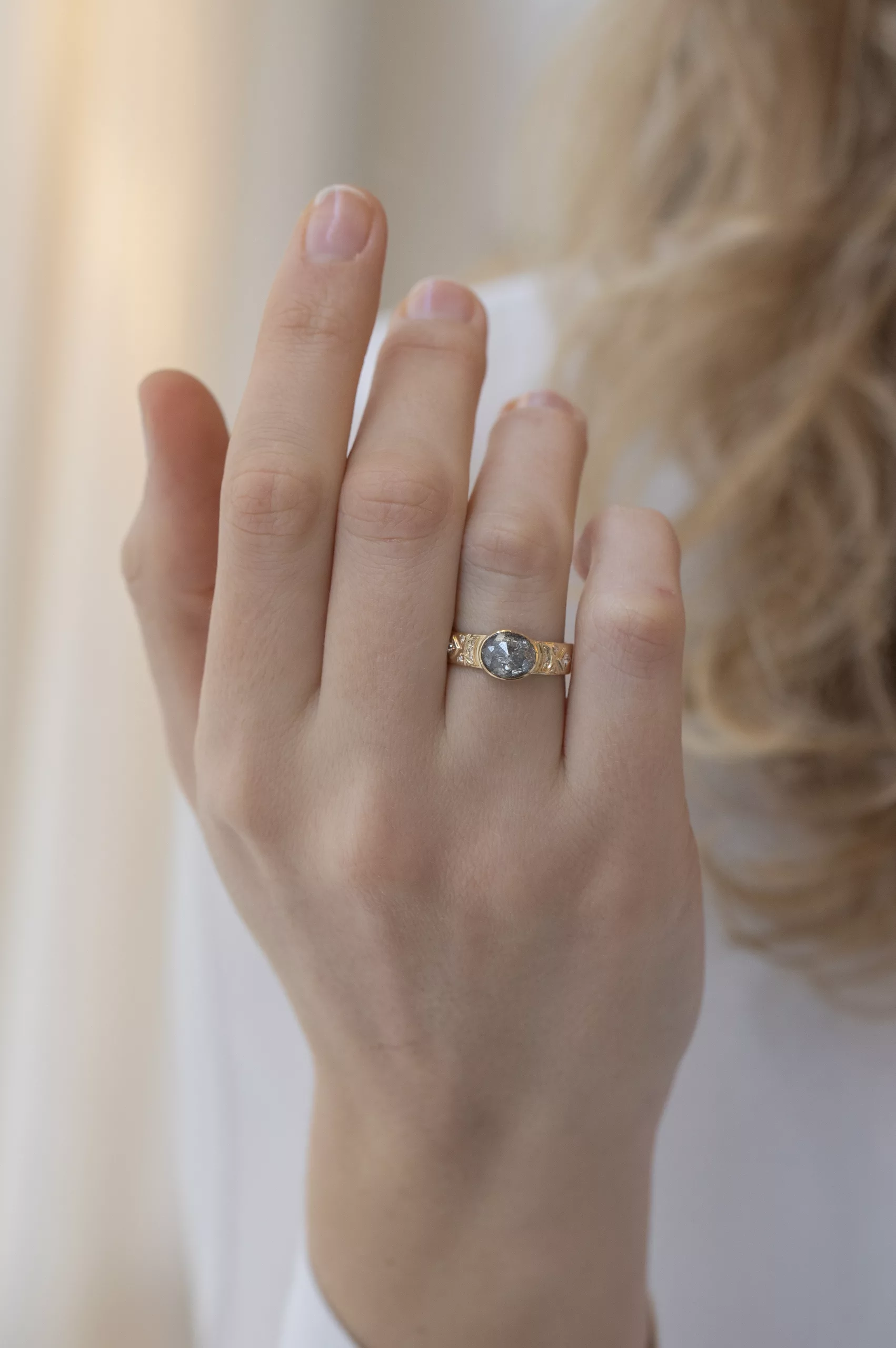 Yellow gold wide band ring oval grey diamond crescent moon square diamond accents Celine Daoust