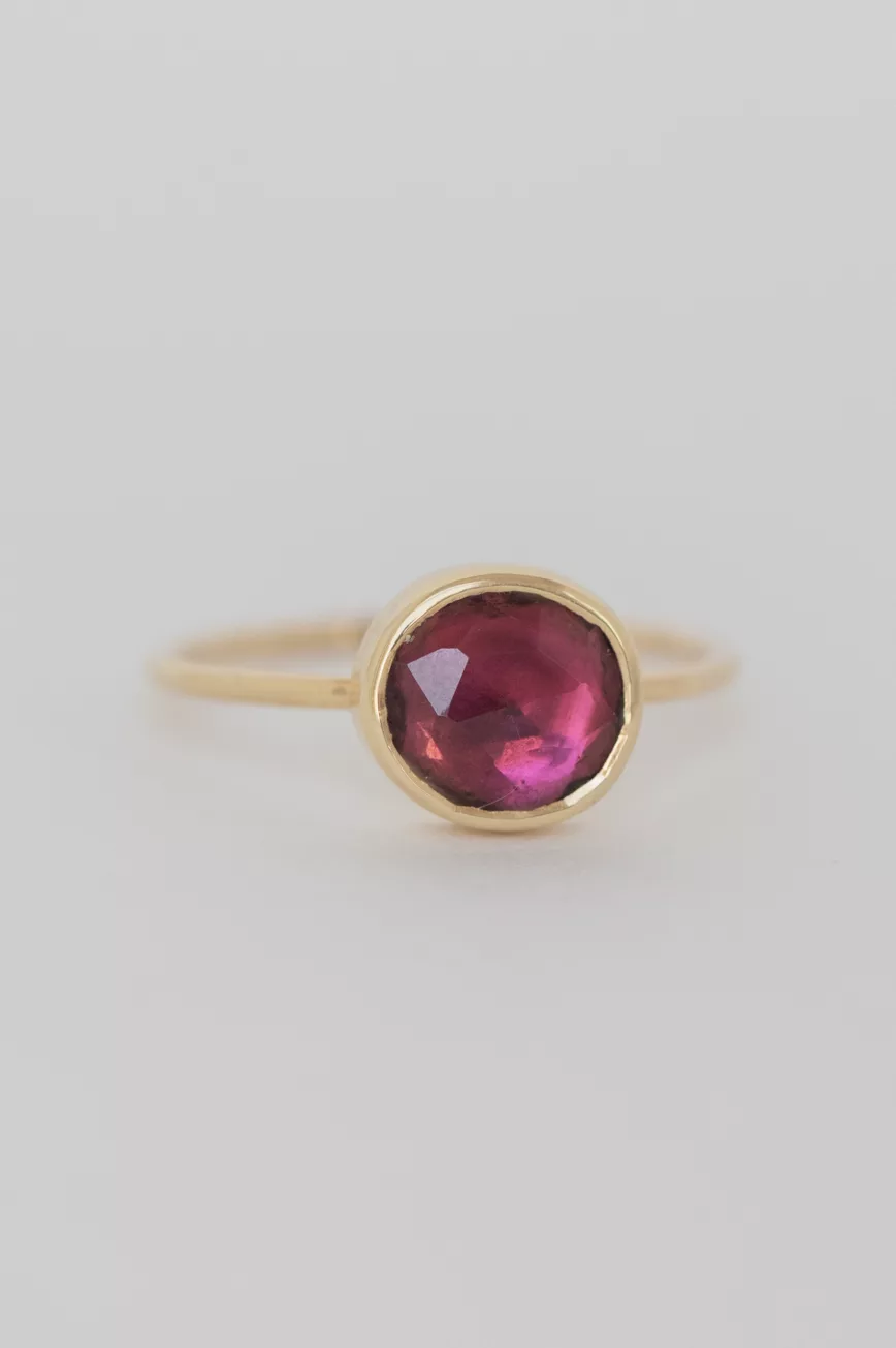 Yellow gold ring large oval pink tourmaline open bezel slim band Celine Daoust