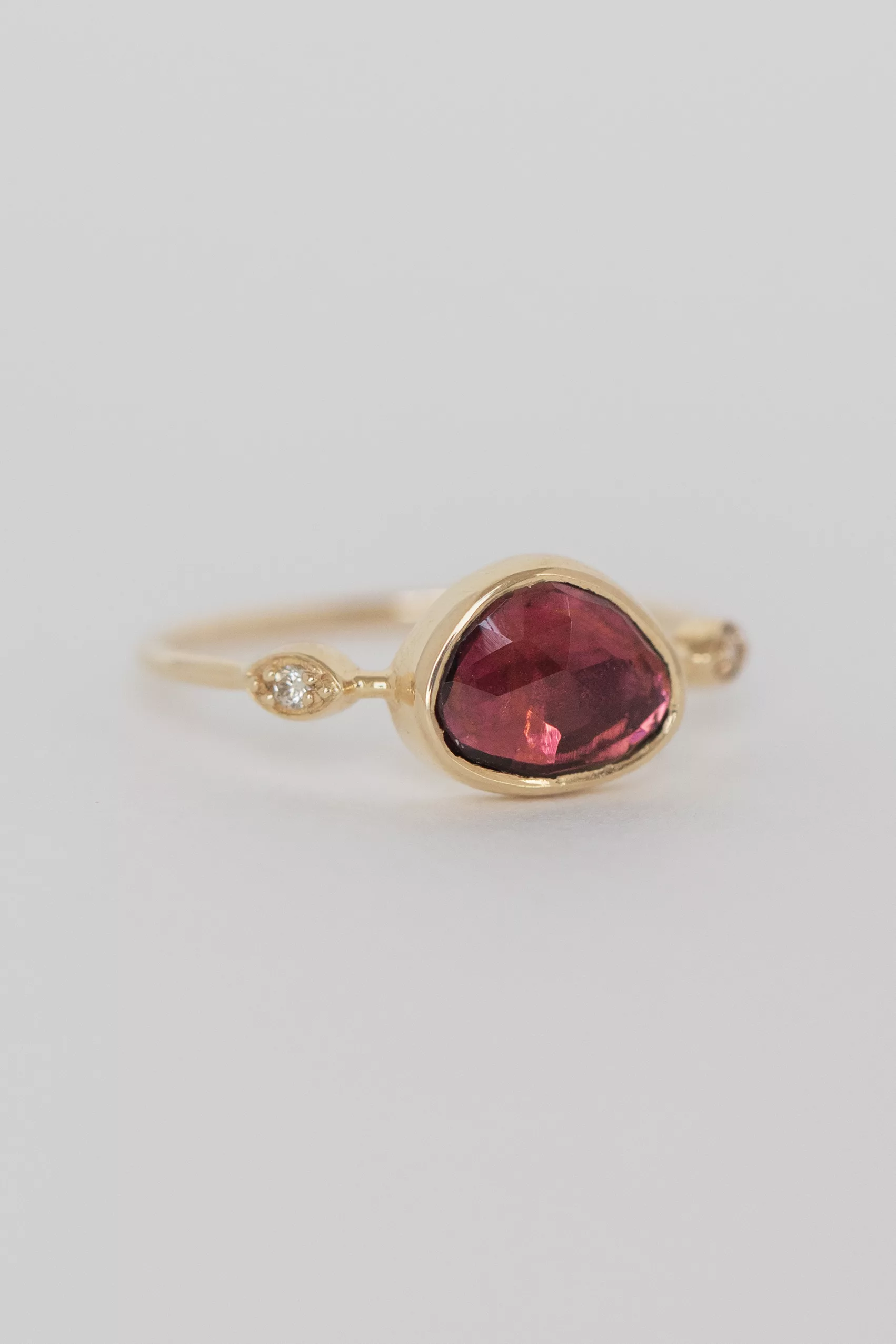 Yellow gold ring freeform pink tourmaline two diamond accent slim band Celine Daoust