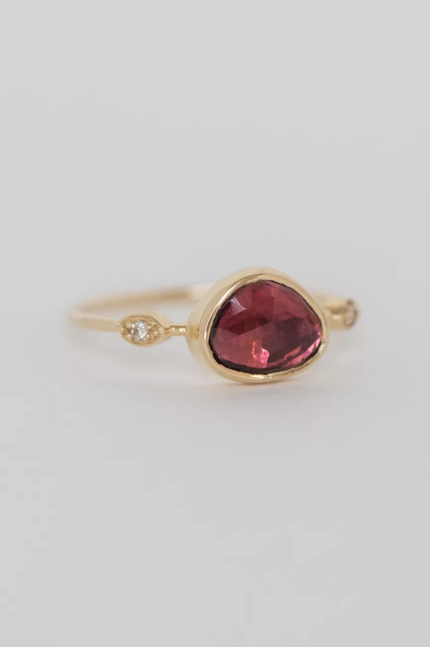 Yellow gold ring freeform pink tourmaline two diamond accent slim band Celine Daoust