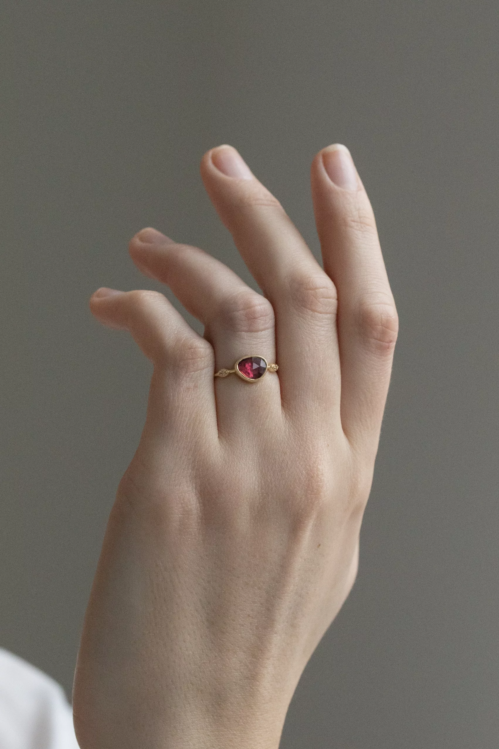 Yellow gold ring freeform pink tourmaline two diamond accent slim band Celine Daoust