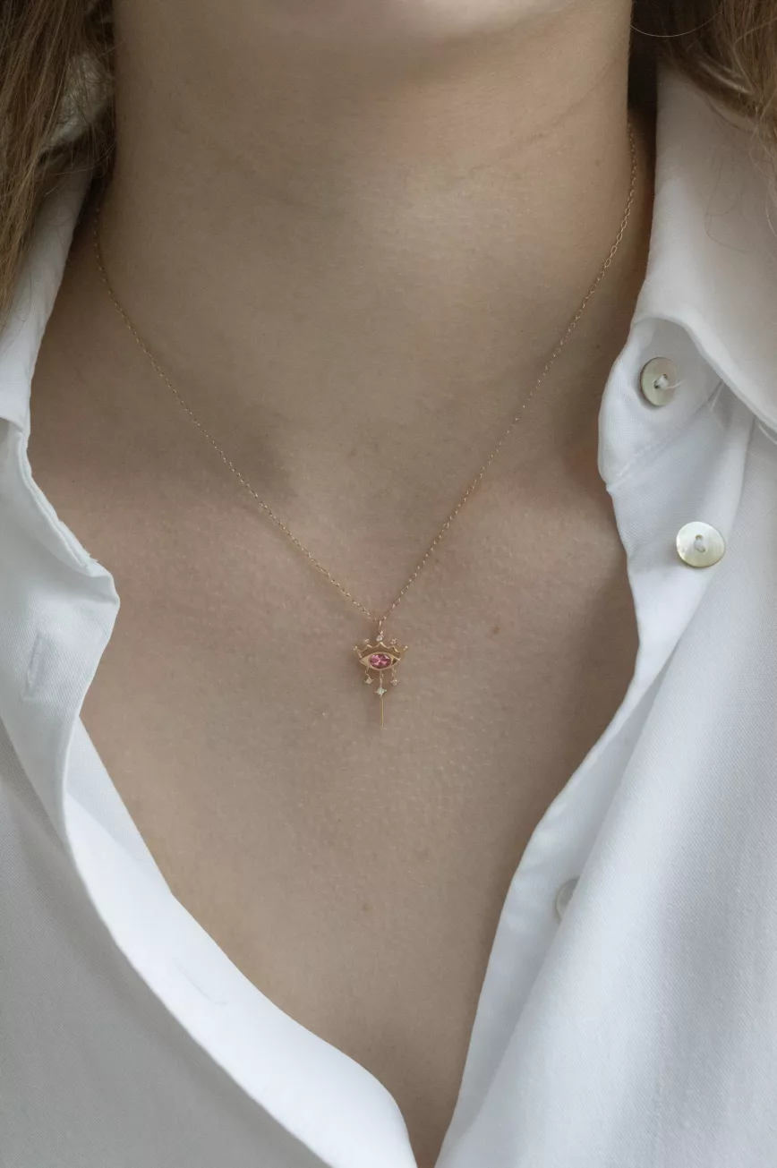 Yellow gold necklace small crown pendant pink spinel diamond accent chain Celine Daoust