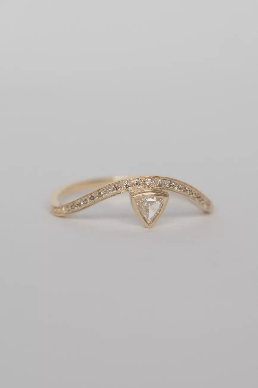 Yellow gold wave ring triangle champagne diamond pavé diamond curved band Celine Daoust