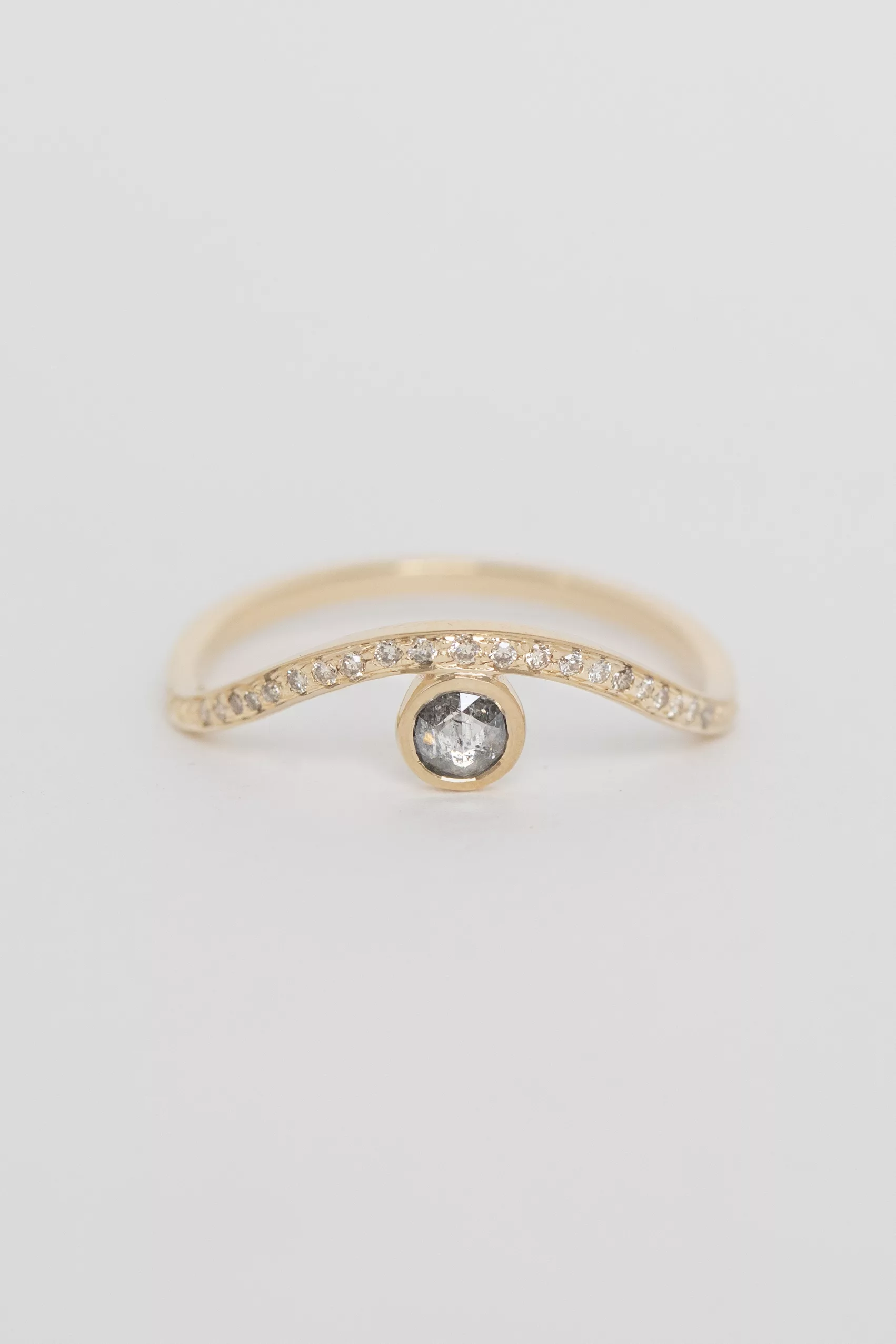 Yellow gold wave ring round grey diamond pavé diamond curved band Celine Daoust