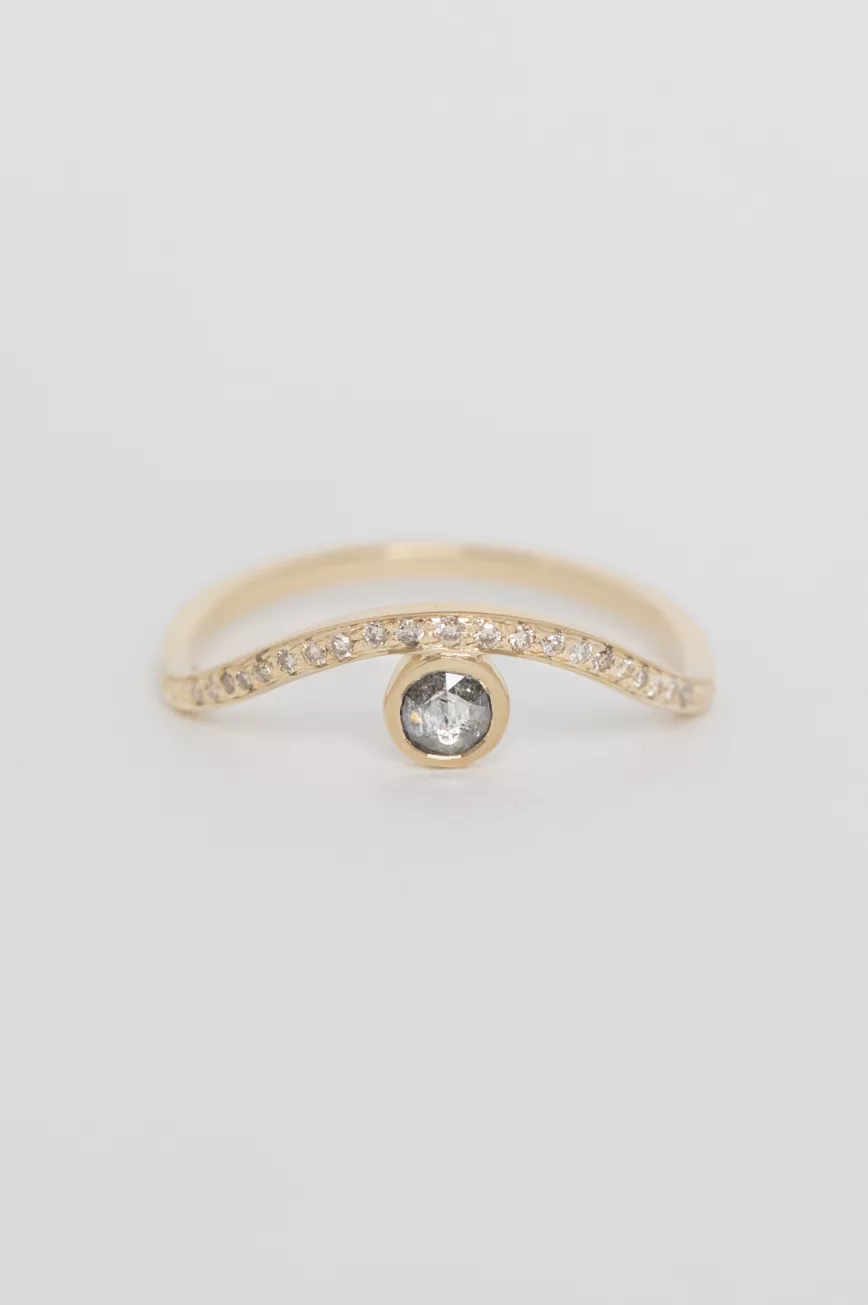 Yellow gold wave ring round grey diamond pavé diamond curved band Celine Daoust