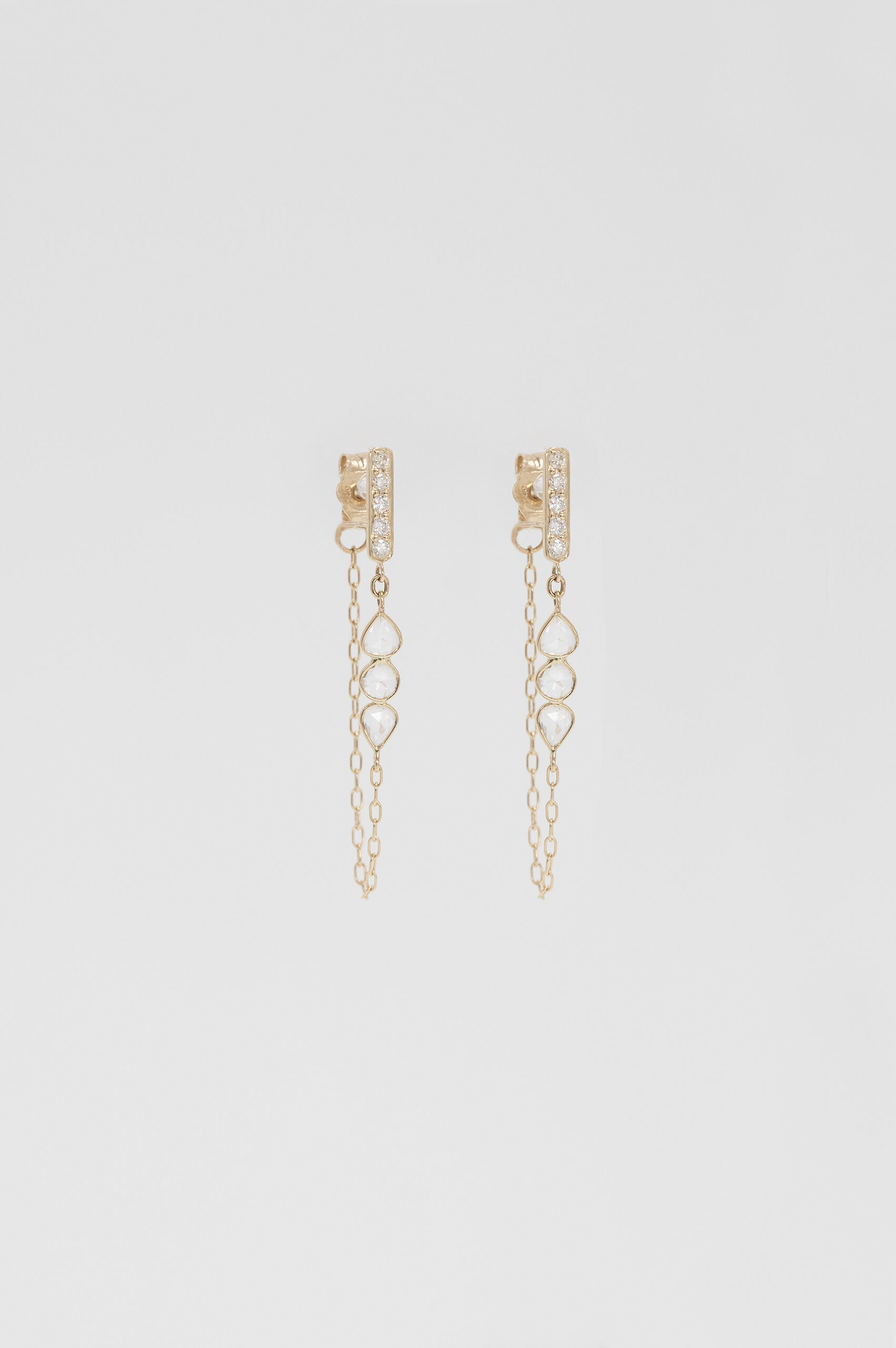 Yellow gold long drop earrings three rosecut champagne diamonds chain links pair Celine Daoust