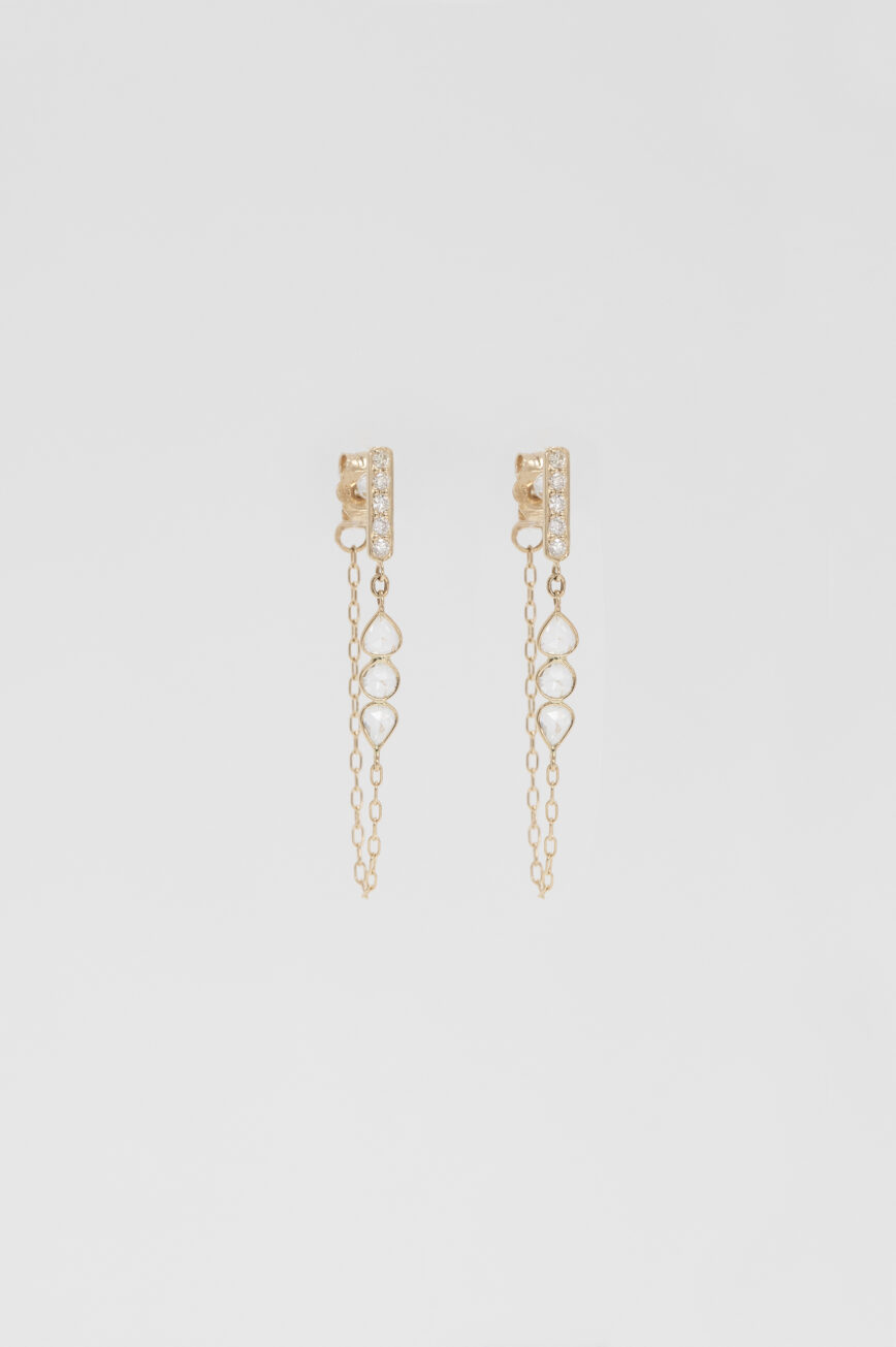 Yellow gold long drop earrings three rosecut champagne diamonds chain links pair Celine Daoust