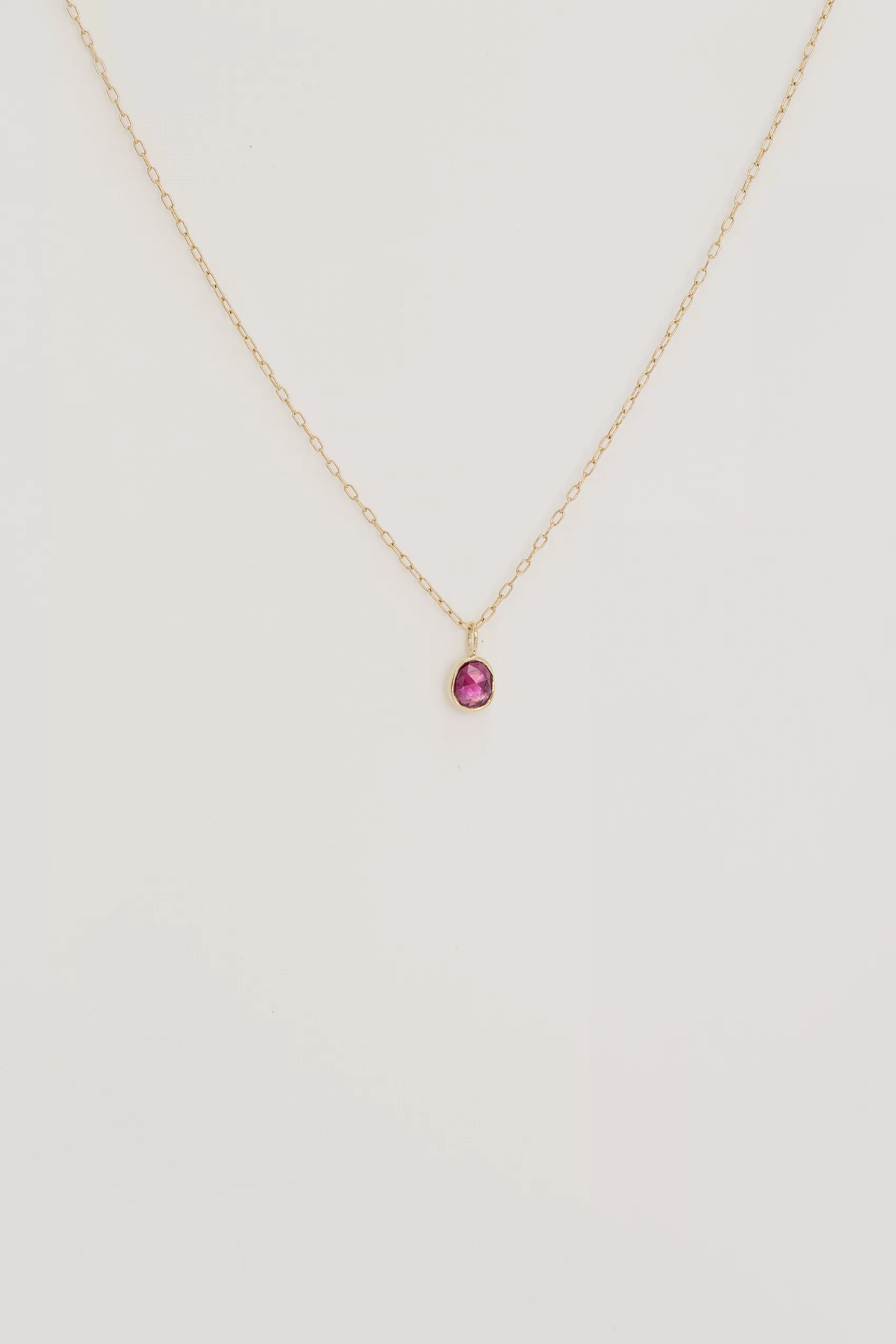Yellow gold necklace oval pink tourmaline bezel pendant delicate chain Celine Daoust