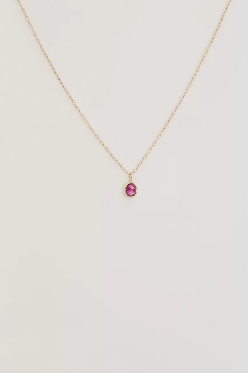 Yellow gold necklace oval pink tourmaline bezel pendant delicate chain Celine Daoust