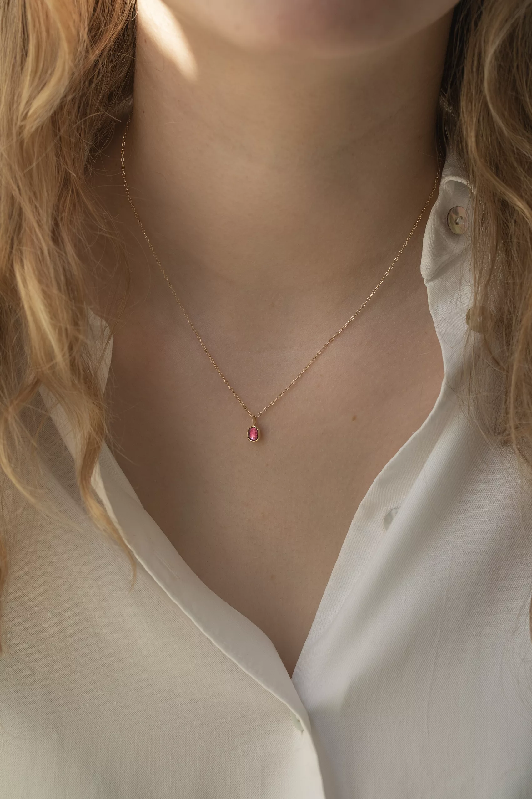 Yellow gold necklace oval pink tourmaline bezel pendant delicate chain Celine Daoust