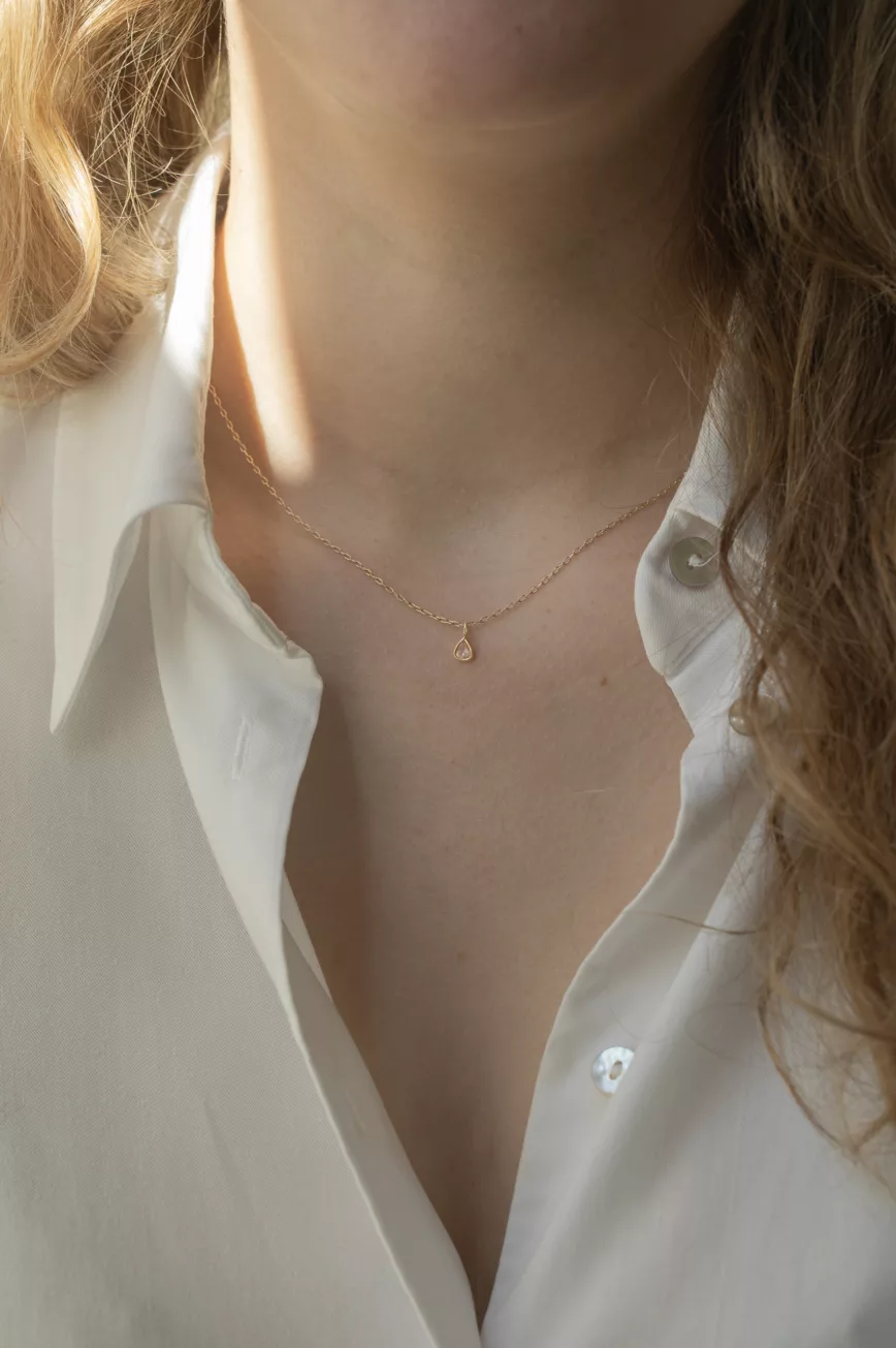 Gold necklace single rosecut diamond bezel pendant delicate chain Celine Daoust
