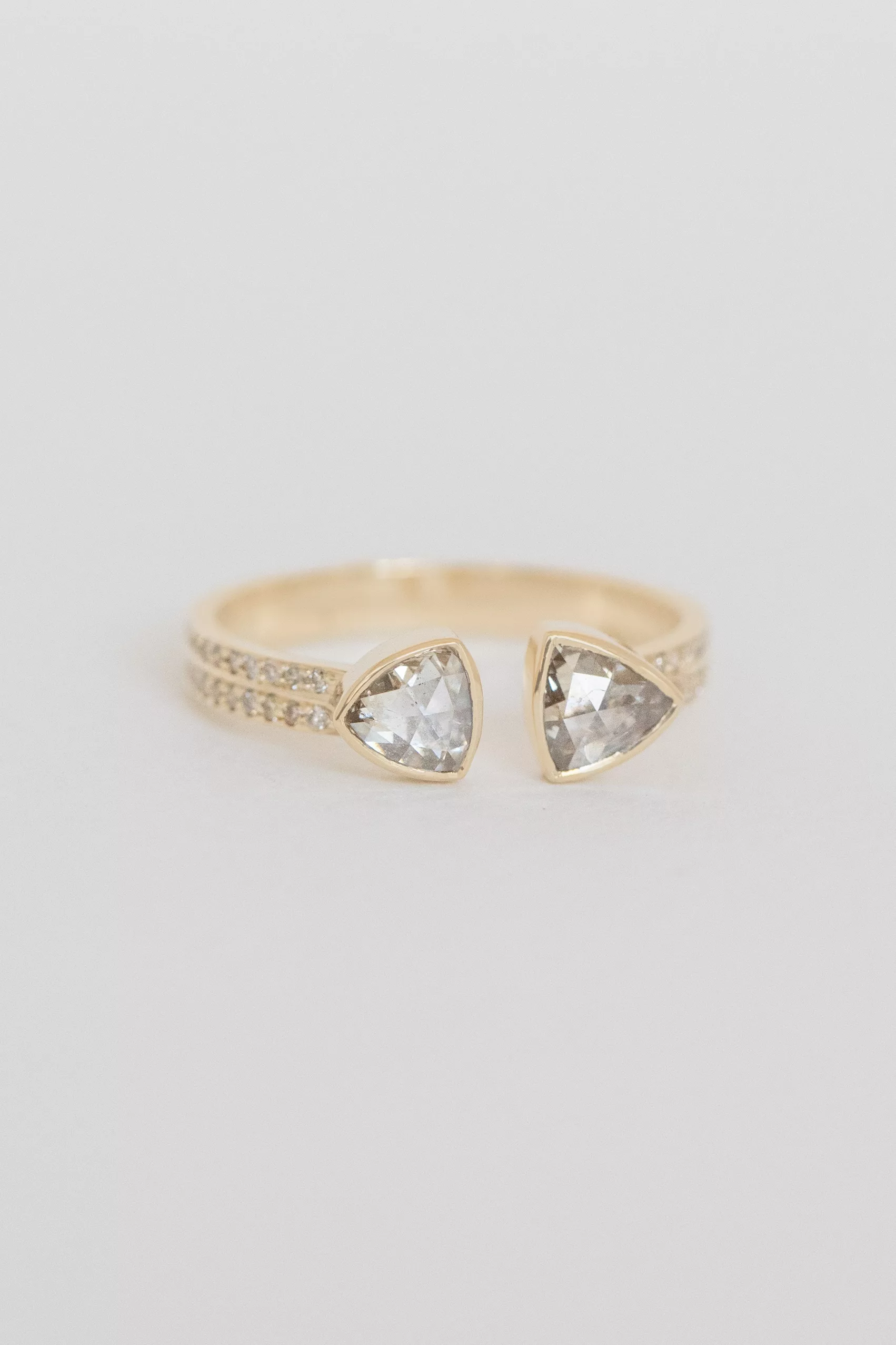 Gold open ring two champagne diamonds bezel set engraved band Celine Daoust
