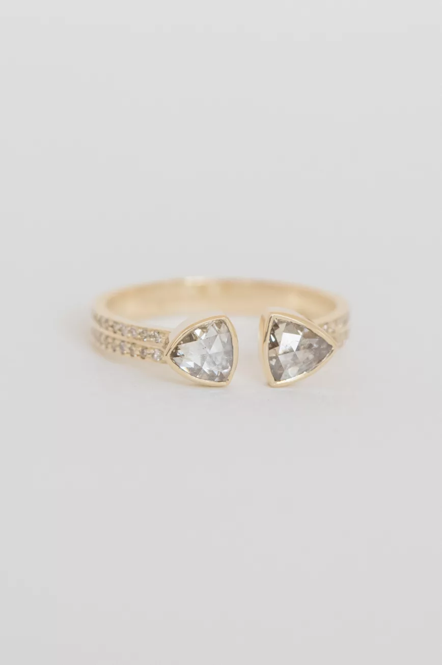 Gold open ring two champagne diamonds bezel set engraved band Celine Daoust