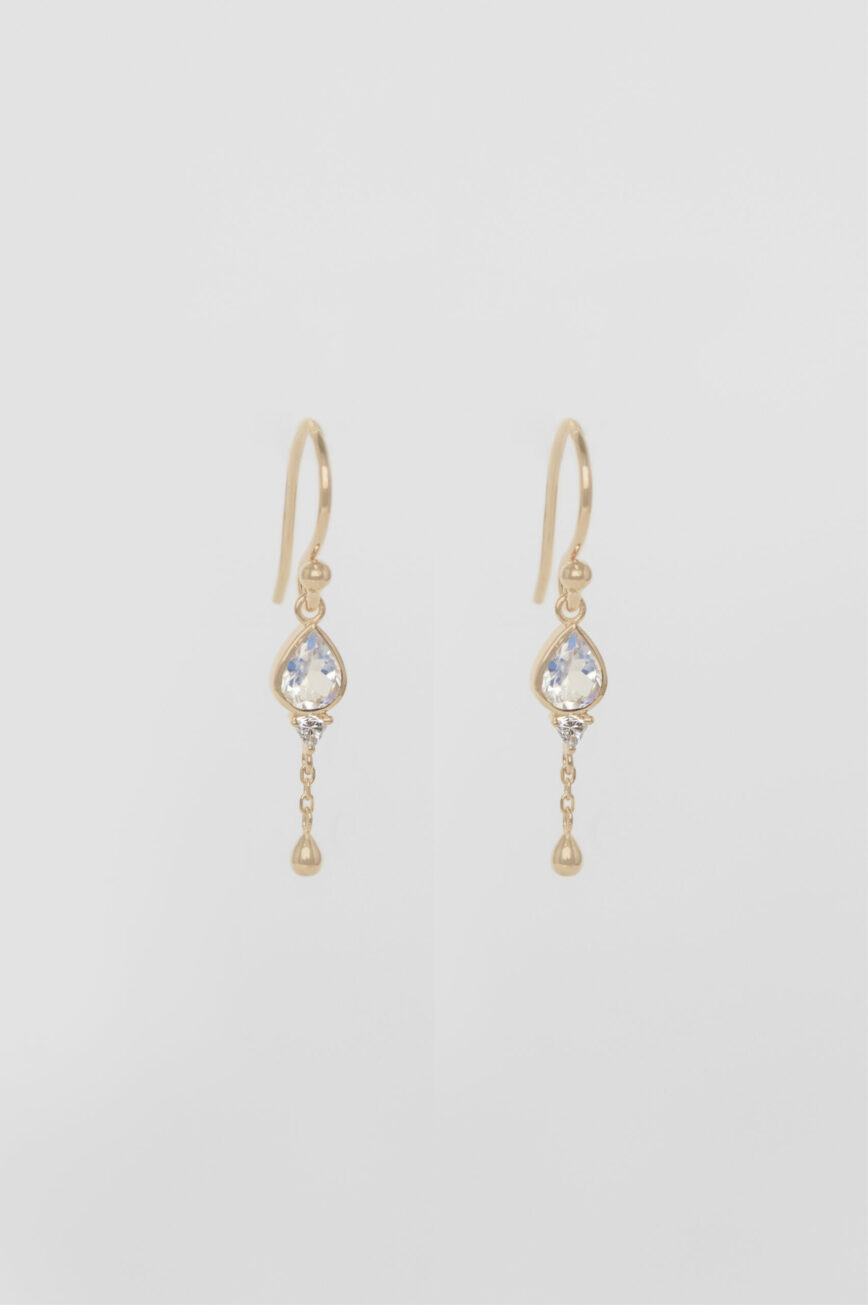 Gold drop earrings pear-cut moonstone bezel diamond accent gold ball Céline Daoust