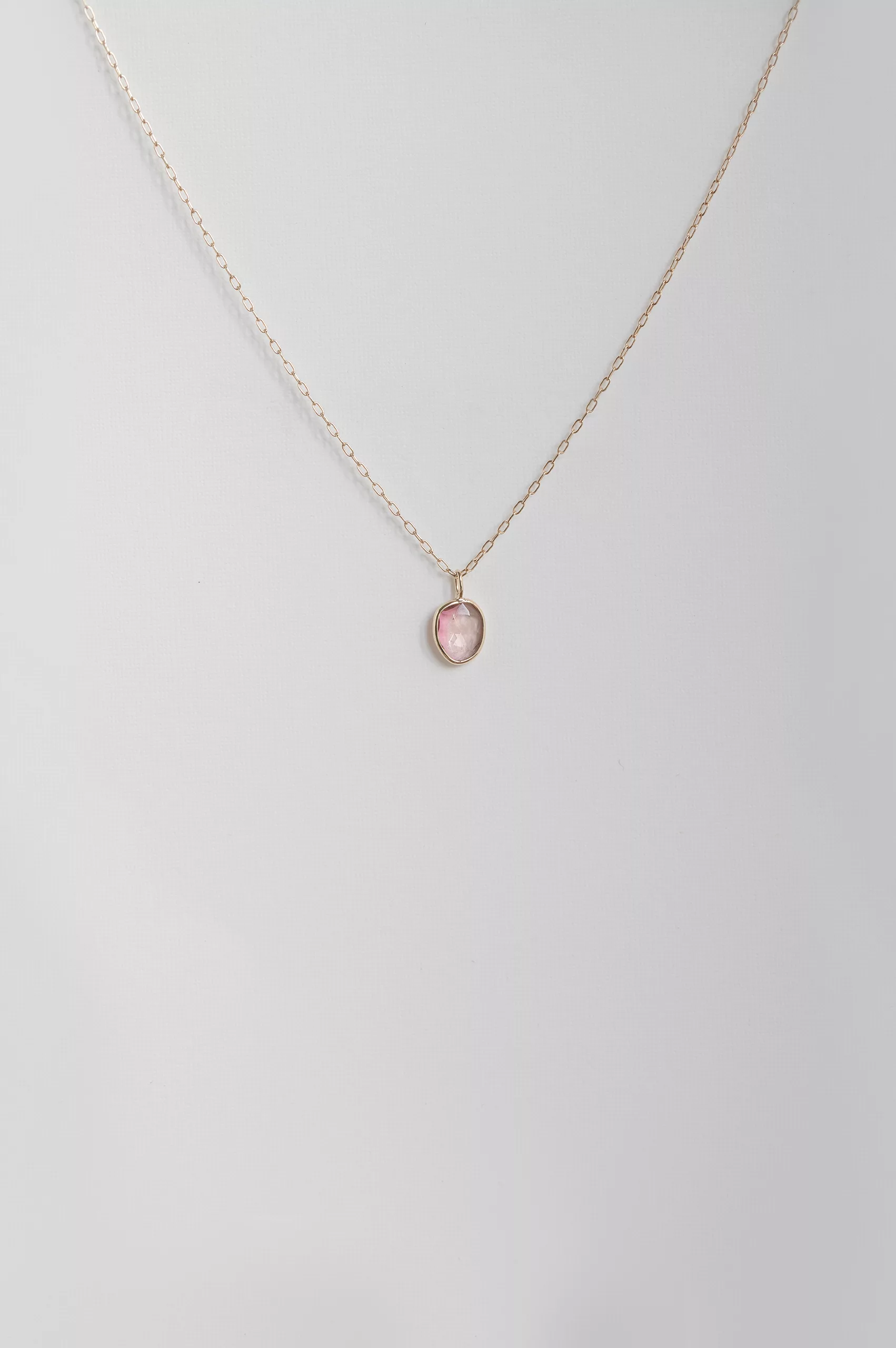Yellow gold necklace pear pink tourmaline bezel pendant delicate chain Celine Daoust