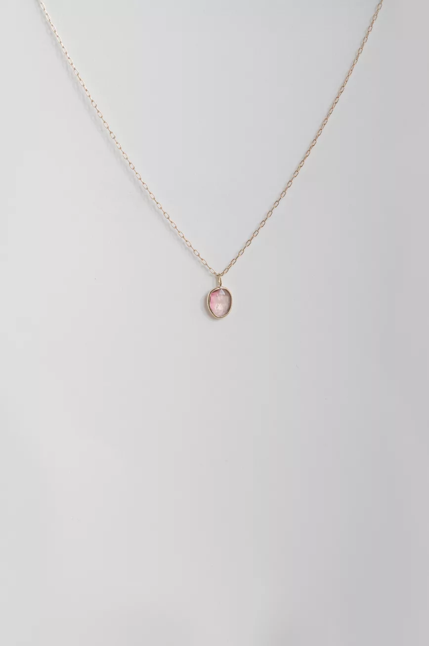 Yellow gold necklace pear pink tourmaline bezel pendant delicate chain Celine Daoust