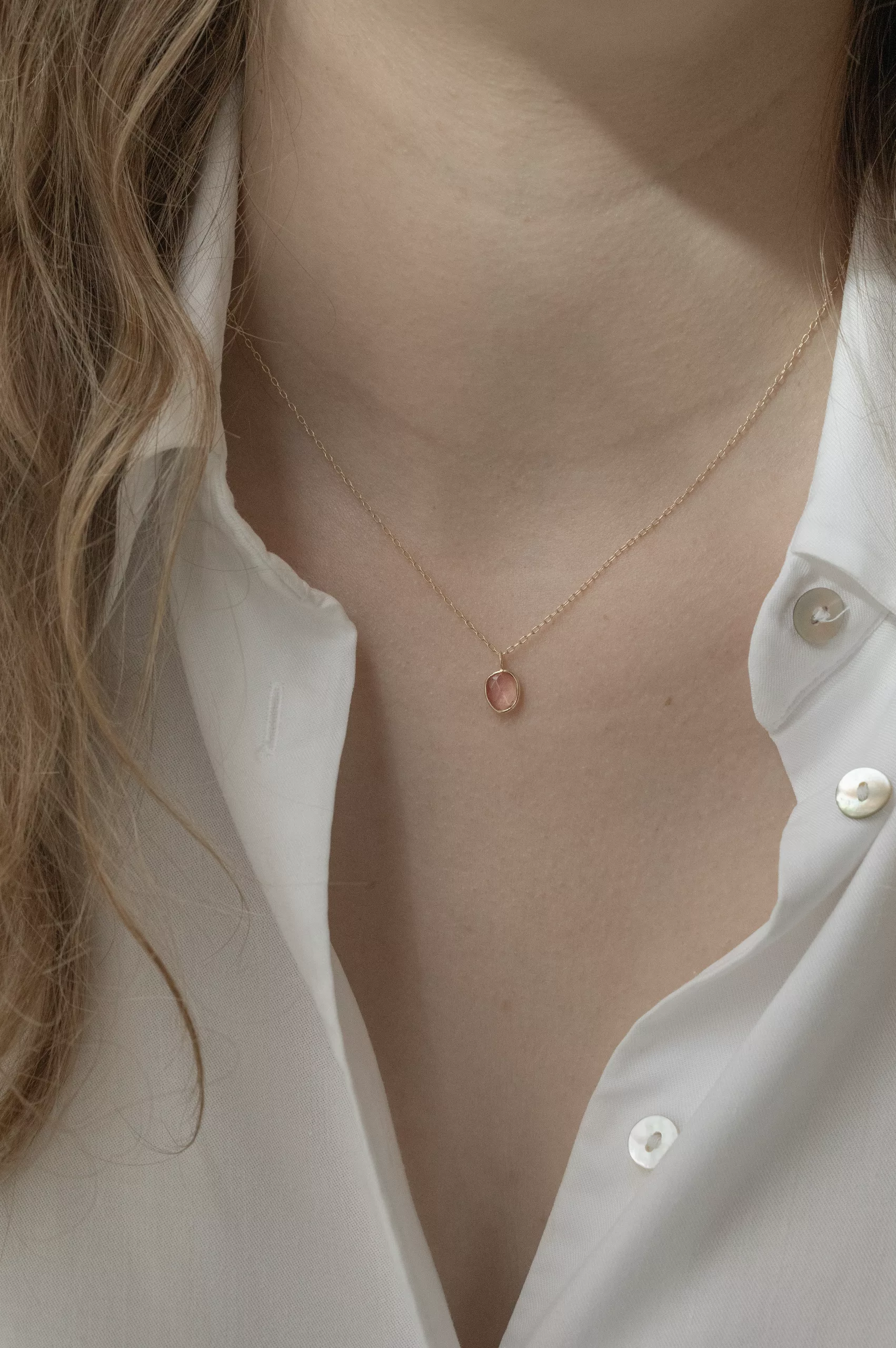 Yellow gold necklace pear pink tourmaline bezel pendant delicate chain Celine Daoust