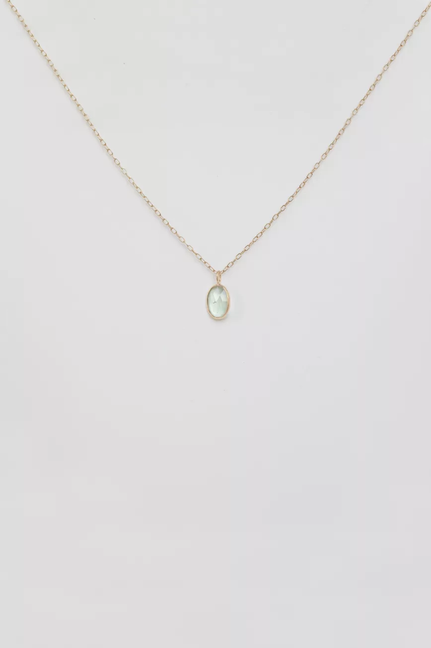 Yellow gold necklace oval light green tourmaline bezel pendant delicate chain Celine Daoust