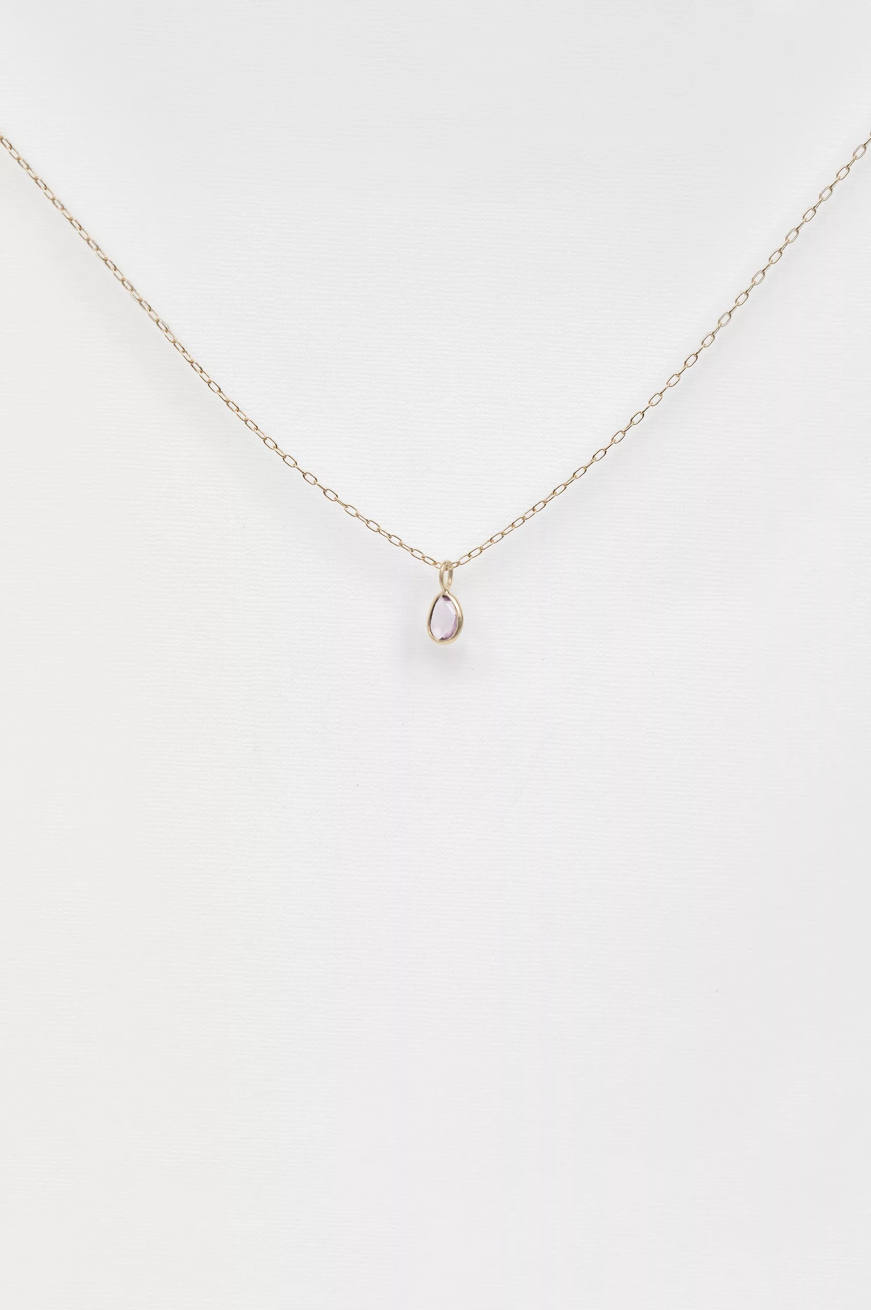 Yellow gold necklace pear light pink sapphire bezel pendant delicate chain Celine Daoust