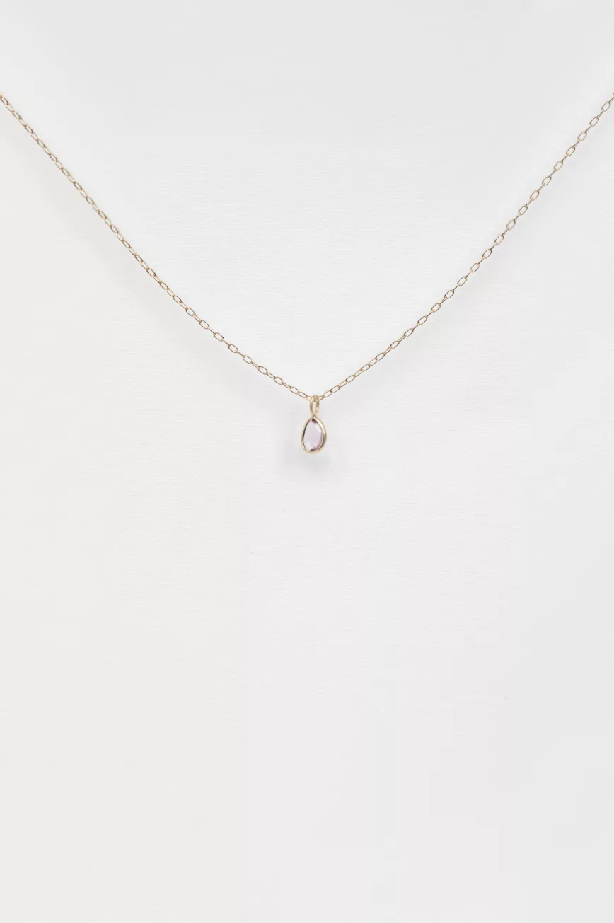 Yellow gold necklace pear light pink sapphire bezel pendant delicate chain Celine Daoust