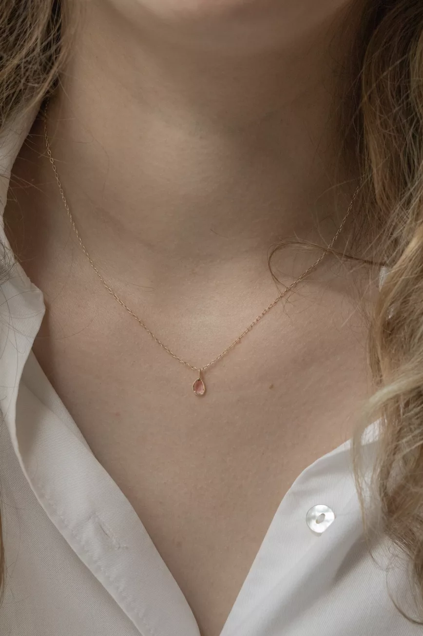 Yellow gold necklace pear light pink sapphire bezel pendant delicate chain Celine Daoust