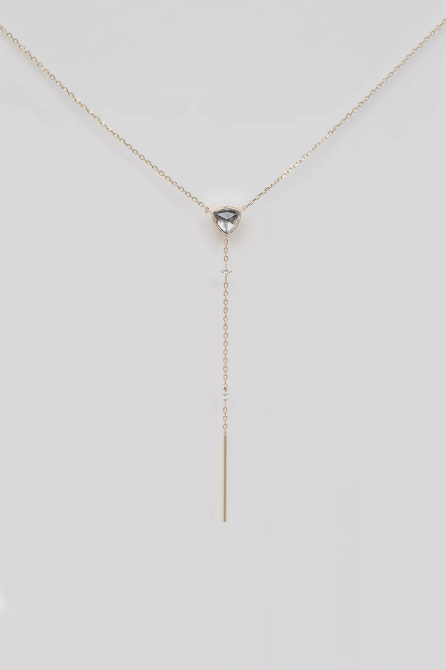 Yellow gold lariat necklace triangle grey tourmaline diamond pendant drop chain Celine Daoust