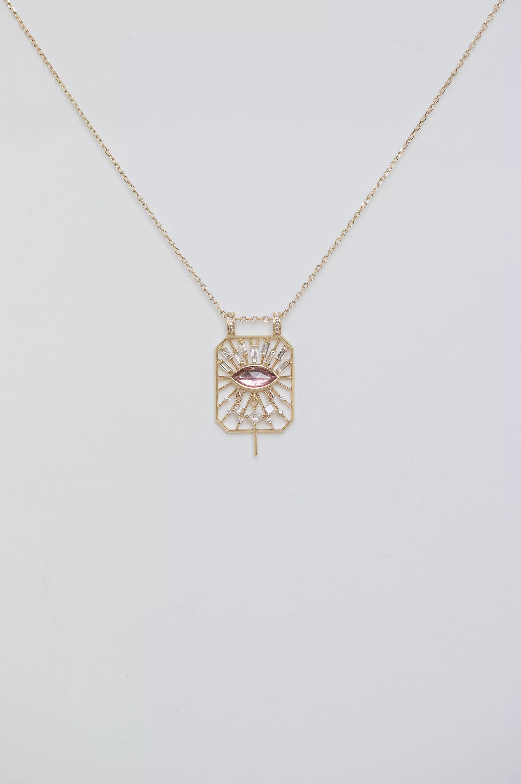 Yellow gold necklace open rectangle pendant marquise pink tourmaline eye motif Celine Daoust