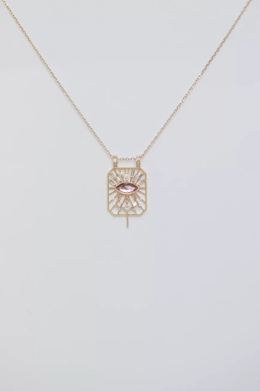 Yellow gold necklace open rectangle pendant marquise pink tourmaline eye motif Celine Daoust
